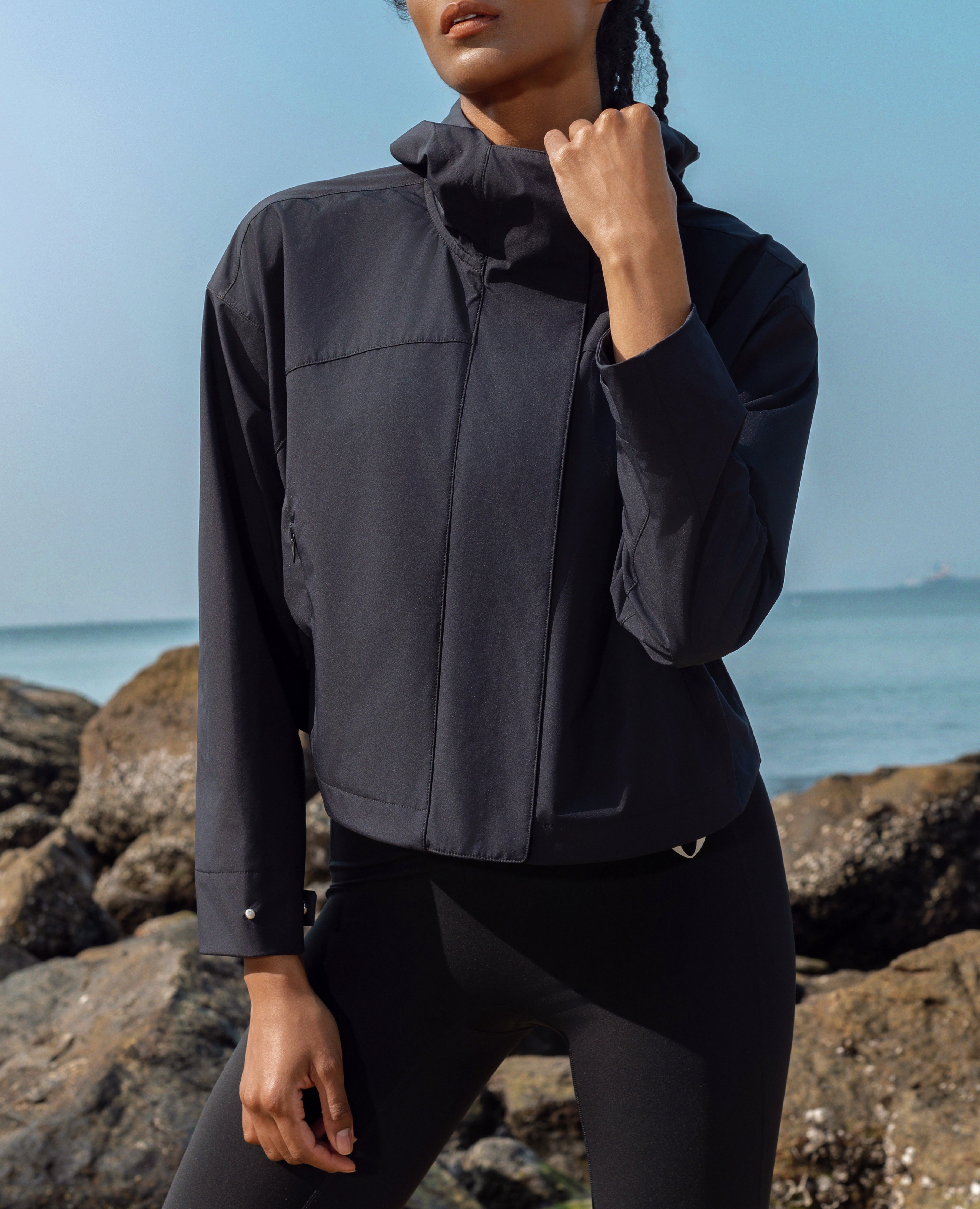 Loose Fit Workout Zip Drawstring Hoodie Jacket - Black