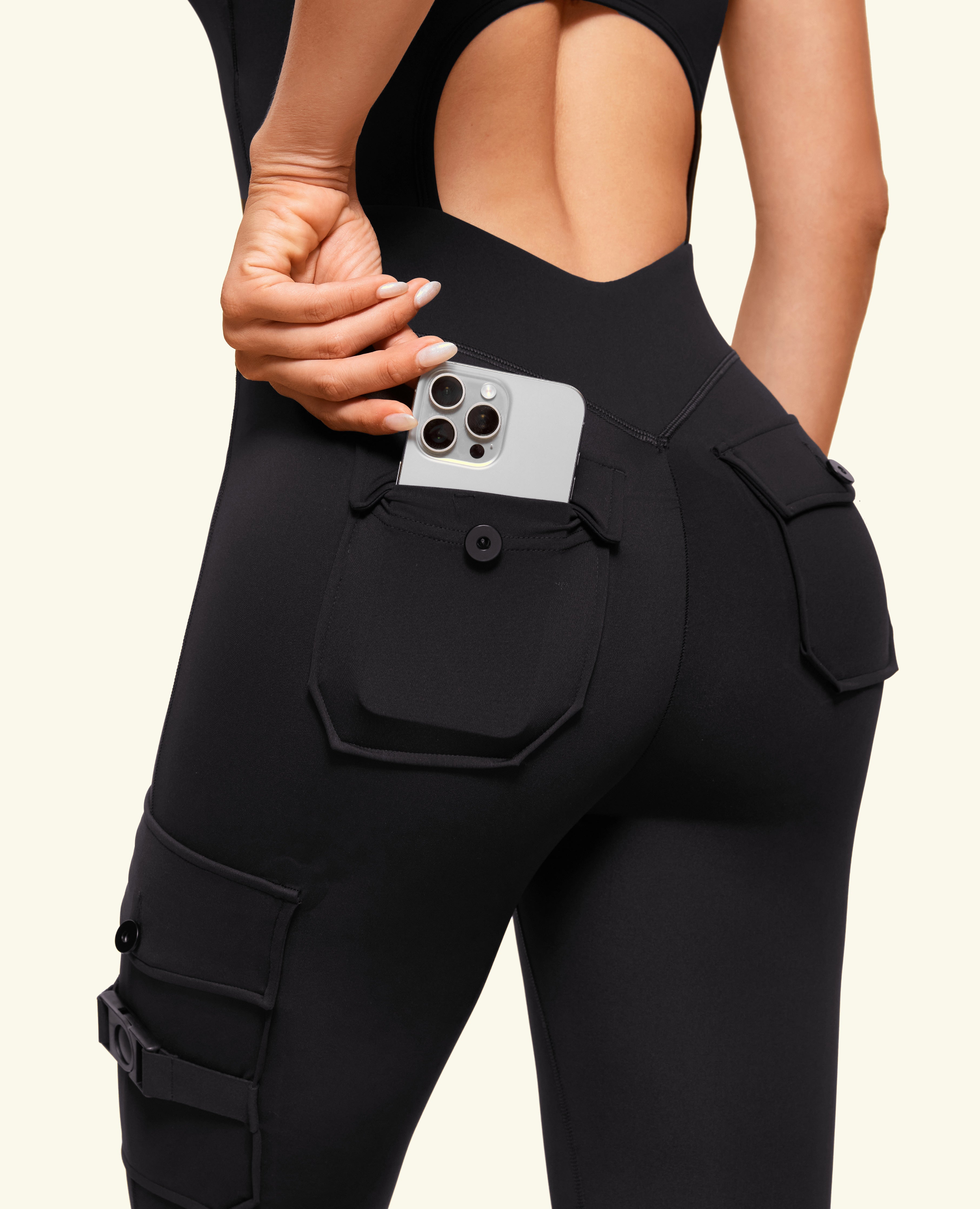 One Shoulder Pocket Long Bodysuit - Black