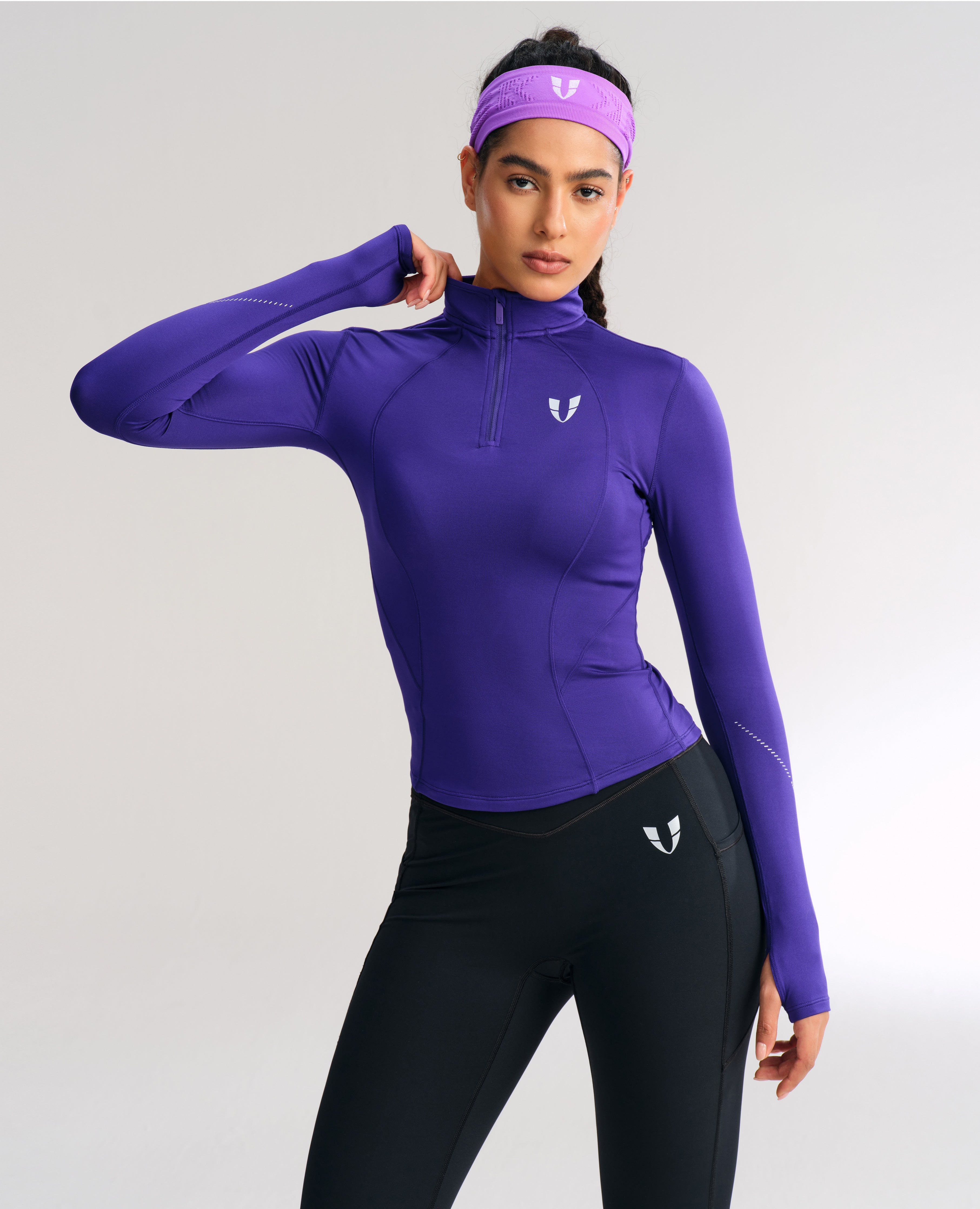 Slim-Fit-Fleece-Workout-Top mit halbem Reißverschluss - Dunkellila