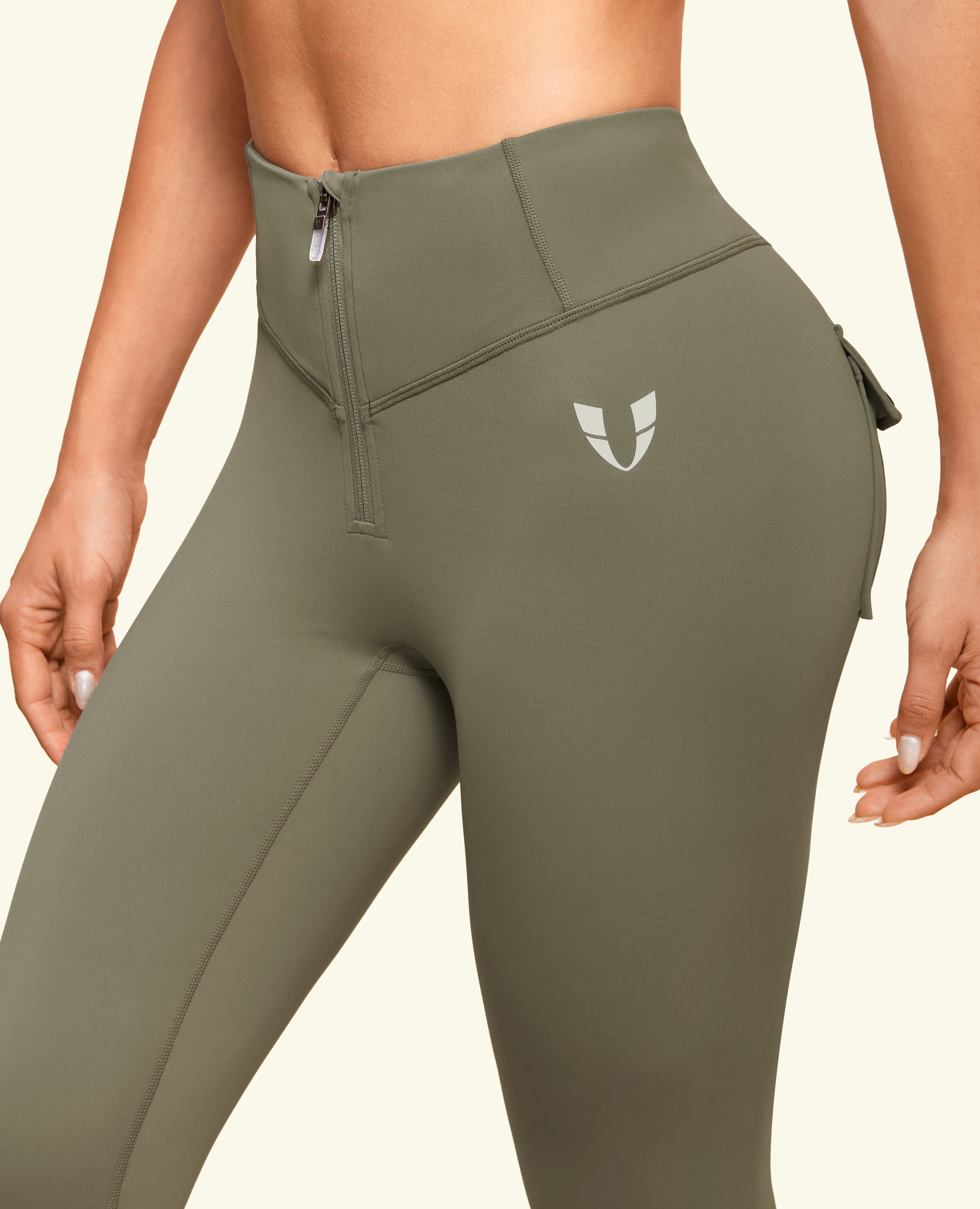 ZIP Front Pocket Powerful Leggings - Army Green
