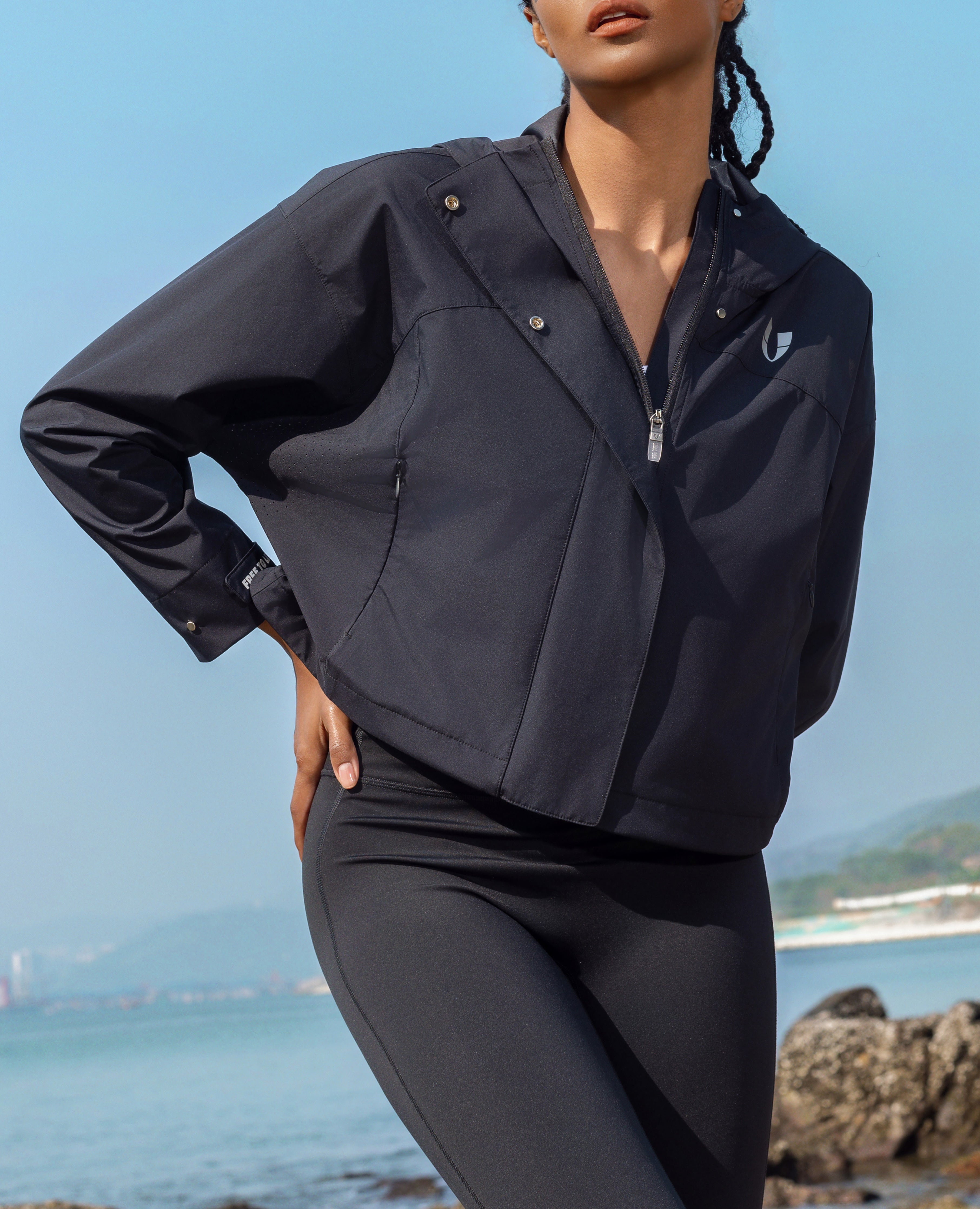 Loose Fit Workout Zip Drawstring Hoodie Jacket - Black