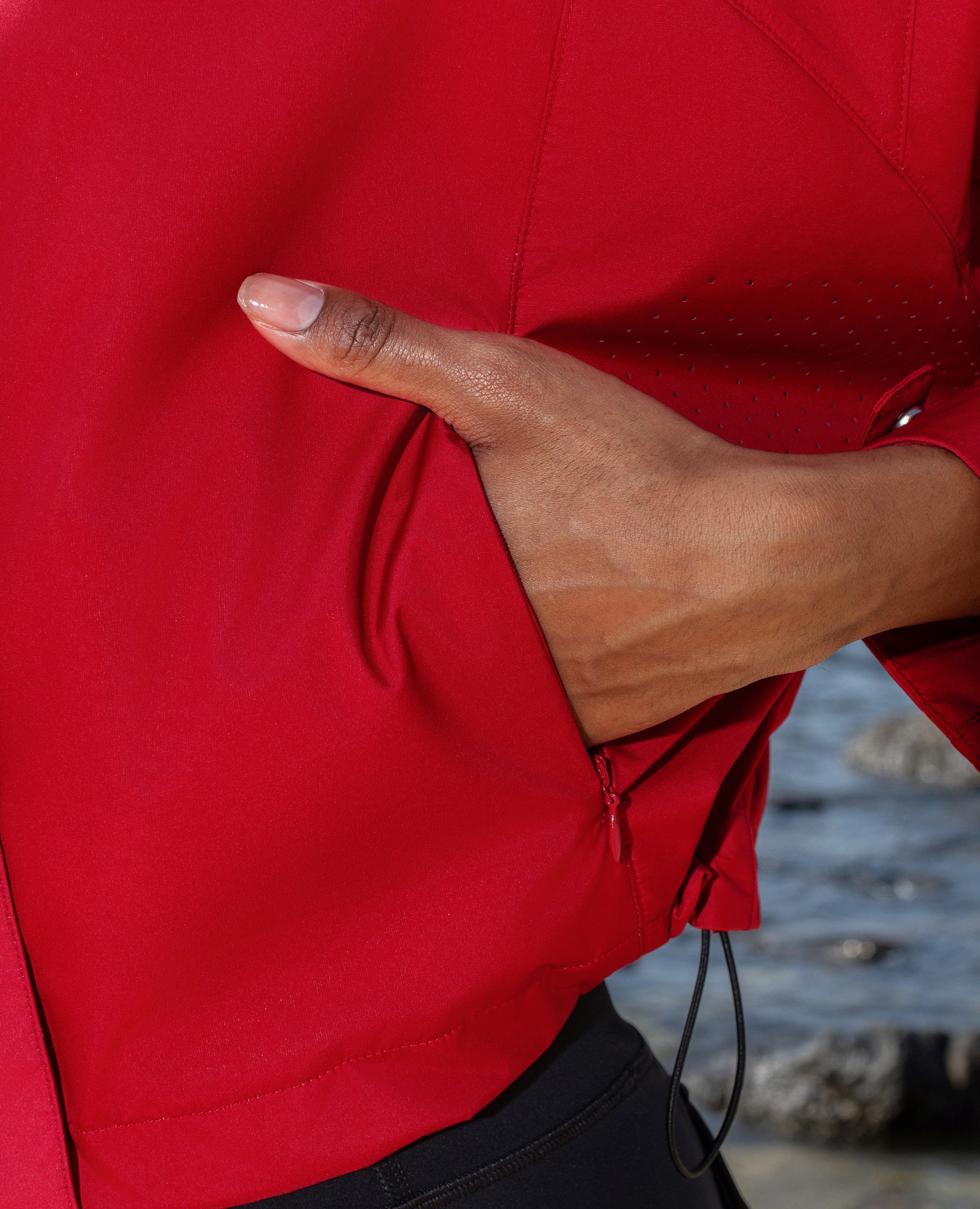 Loose Fit Workout Zip Drawstring Hoodie Jacket - Red