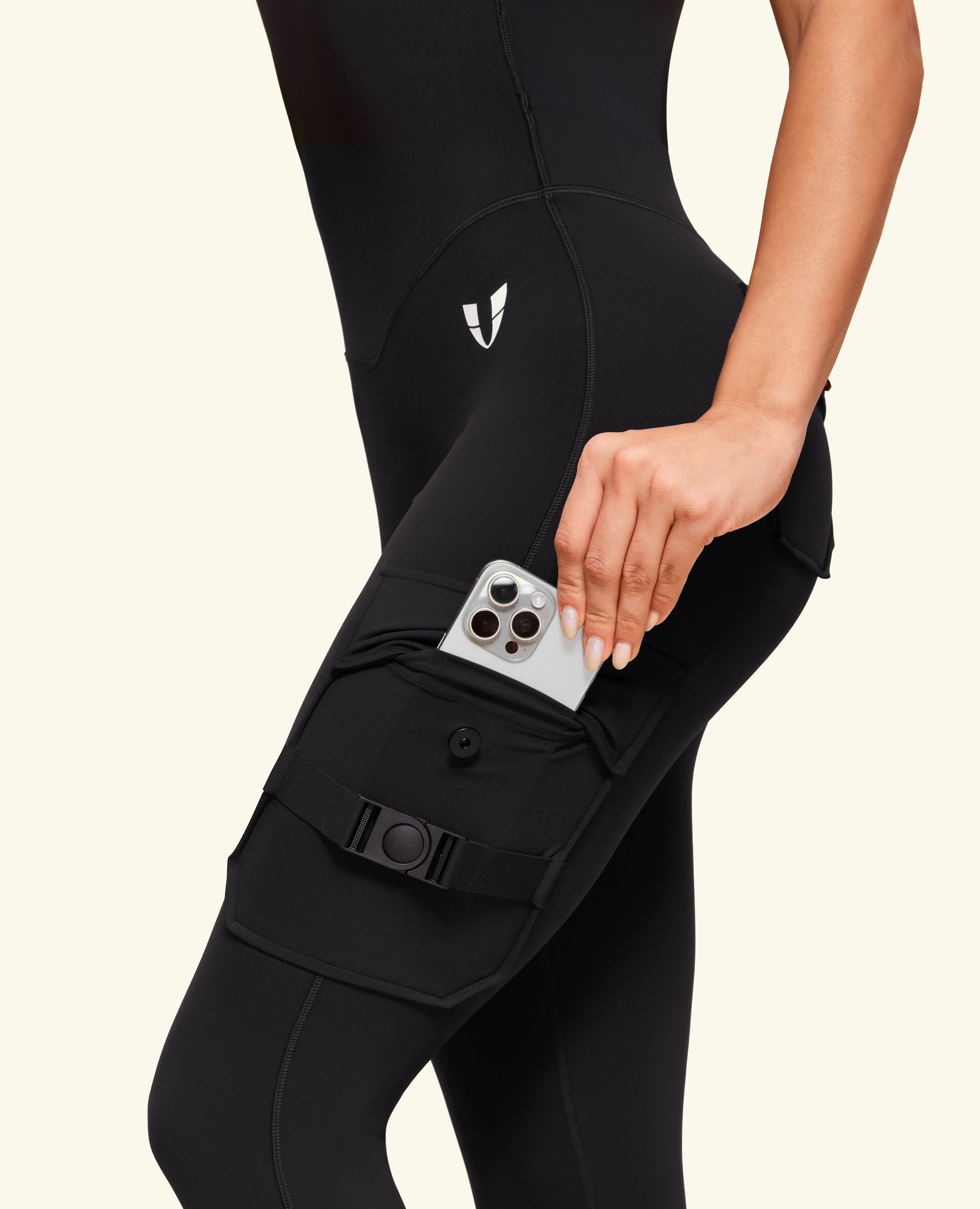 One Shoulder Pocket Long Bodysuit - Black