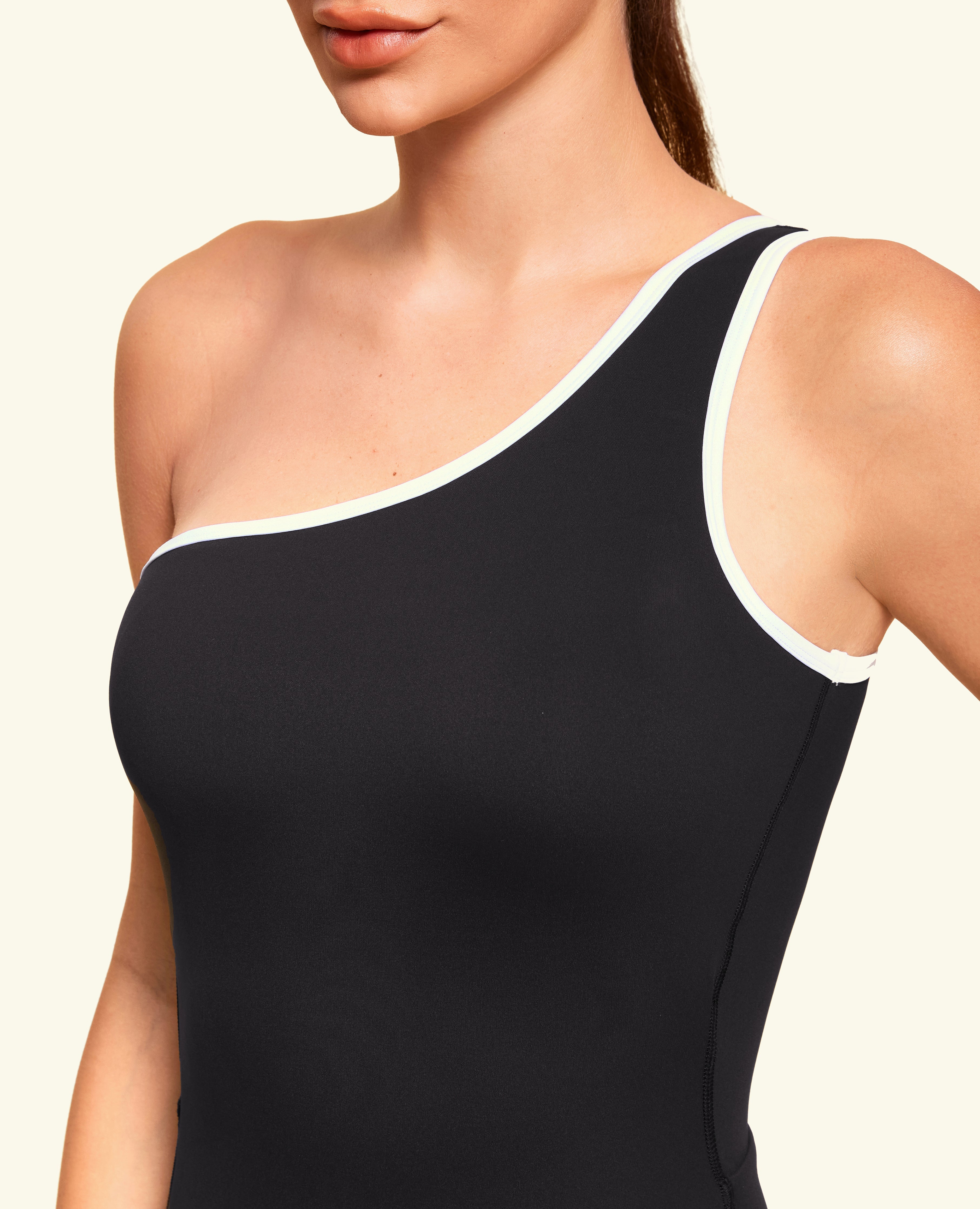 One Shoulder Pocket Long Bodysuit - Black