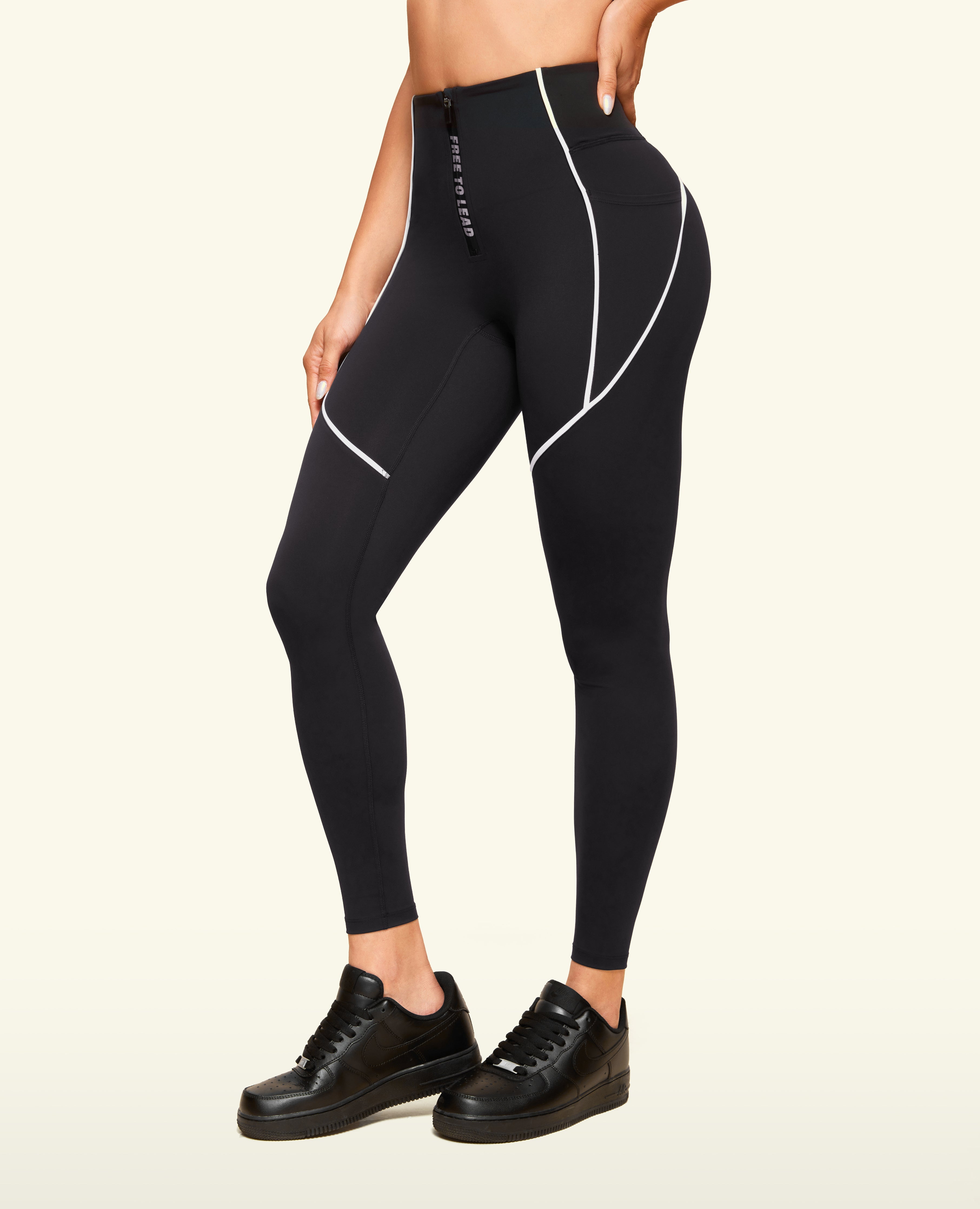 Zip Front High Waist Pocket Leggings - Schwarz