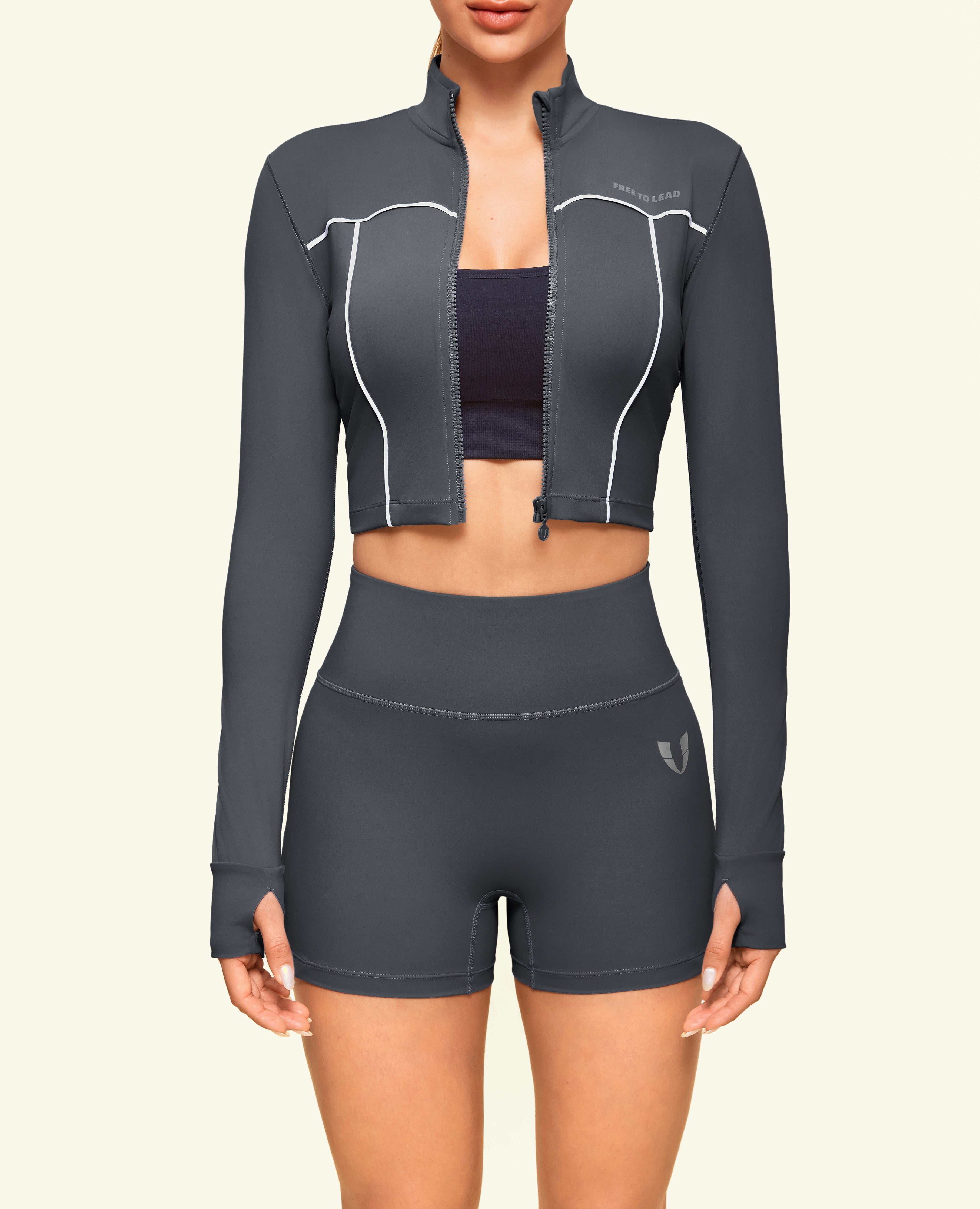 Cropped Slim Fit Workout Jacket - Grau