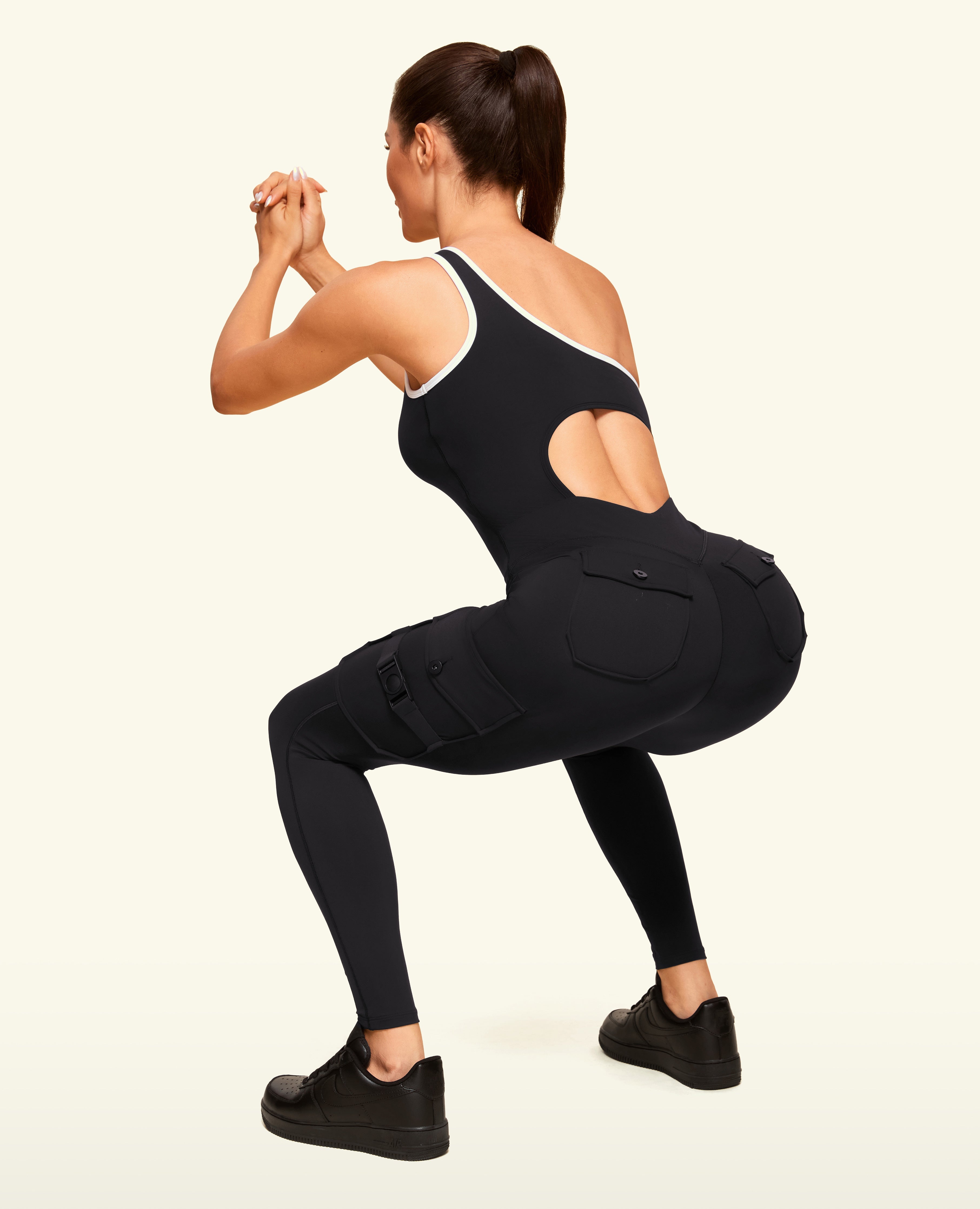 One Shoulder Pocket Long Bodysuit - Black