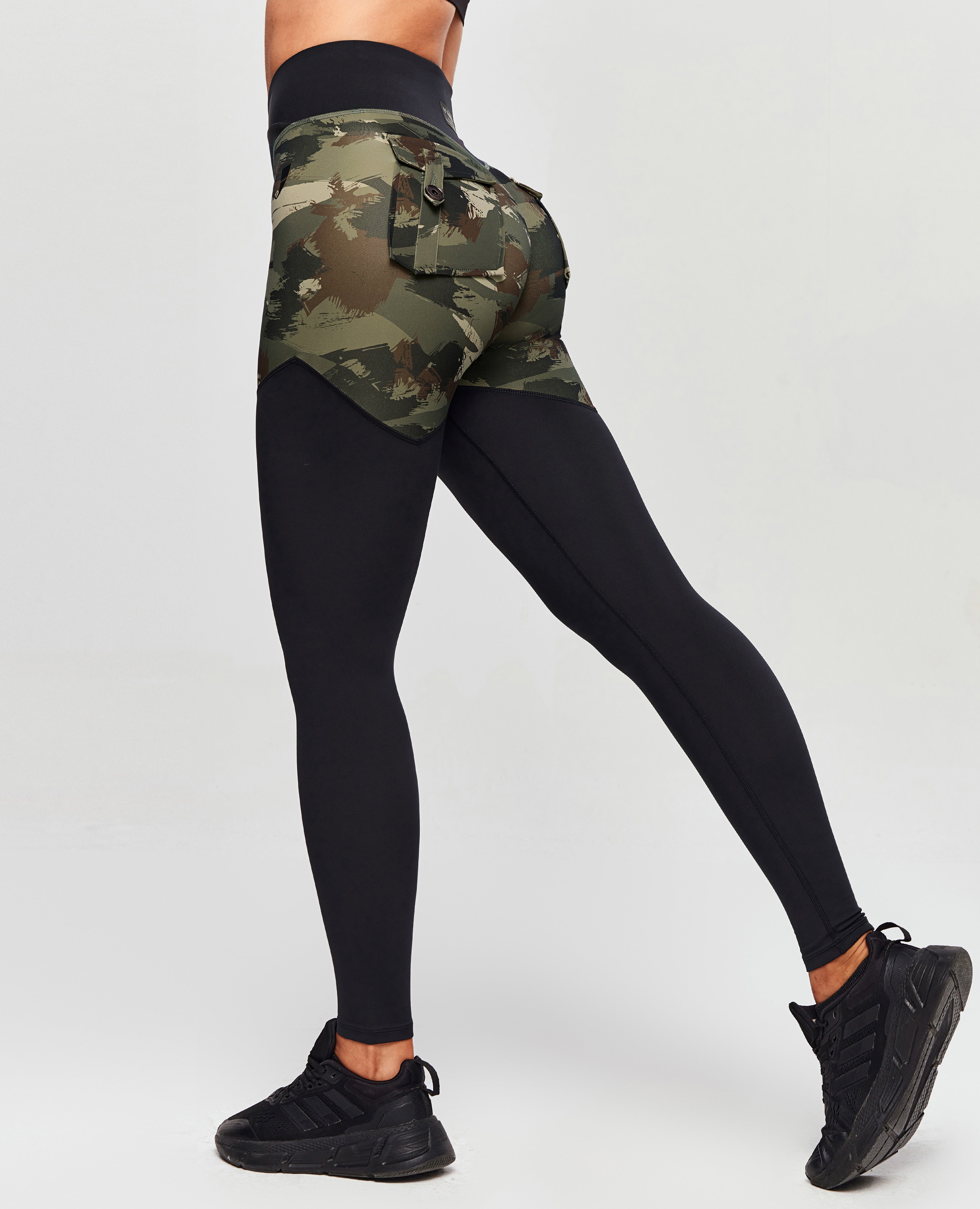 V-Waist Gym Leggings - Abstract Camouflage and Black