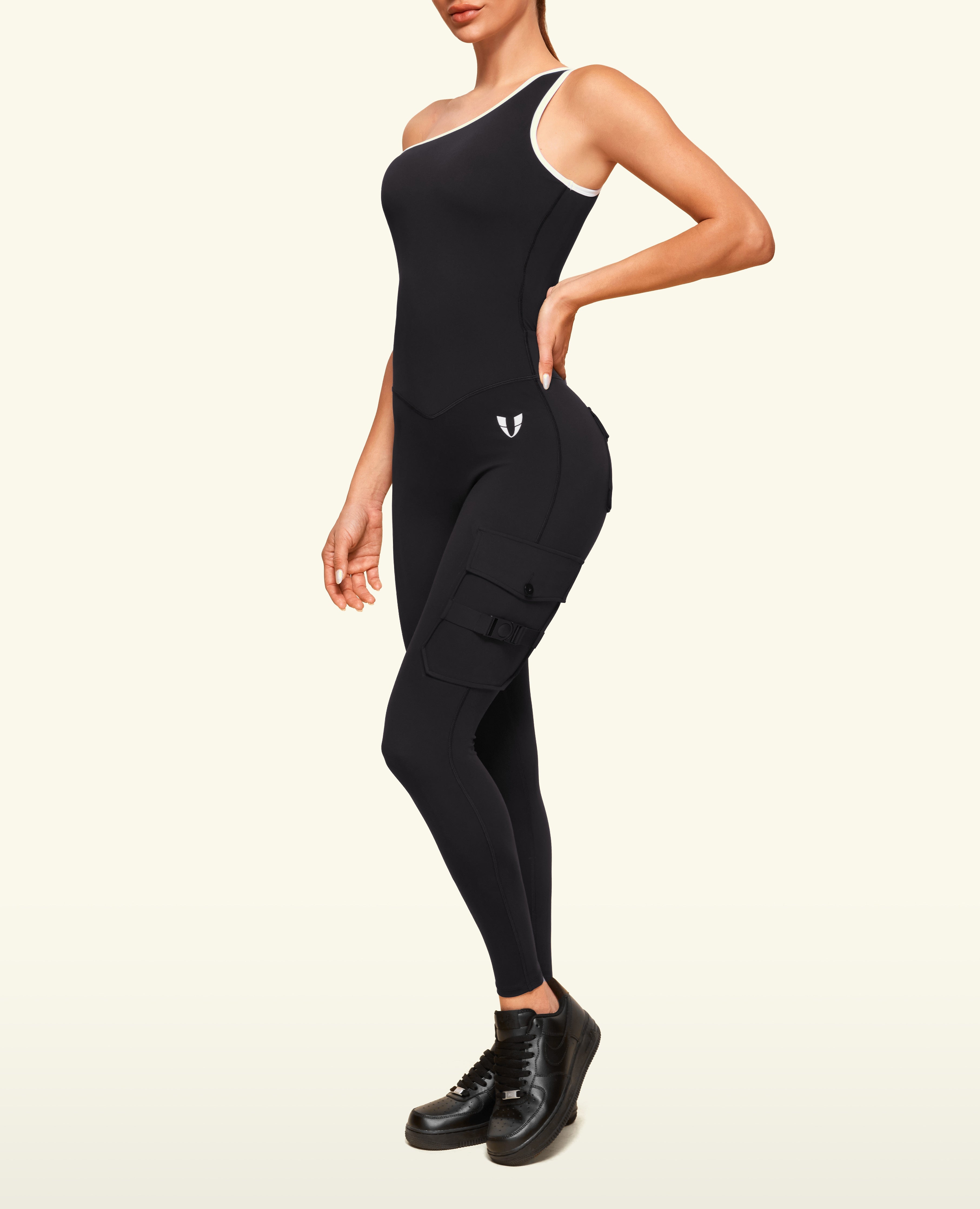 Bodysuit de bolsillo de un hombro - Negro