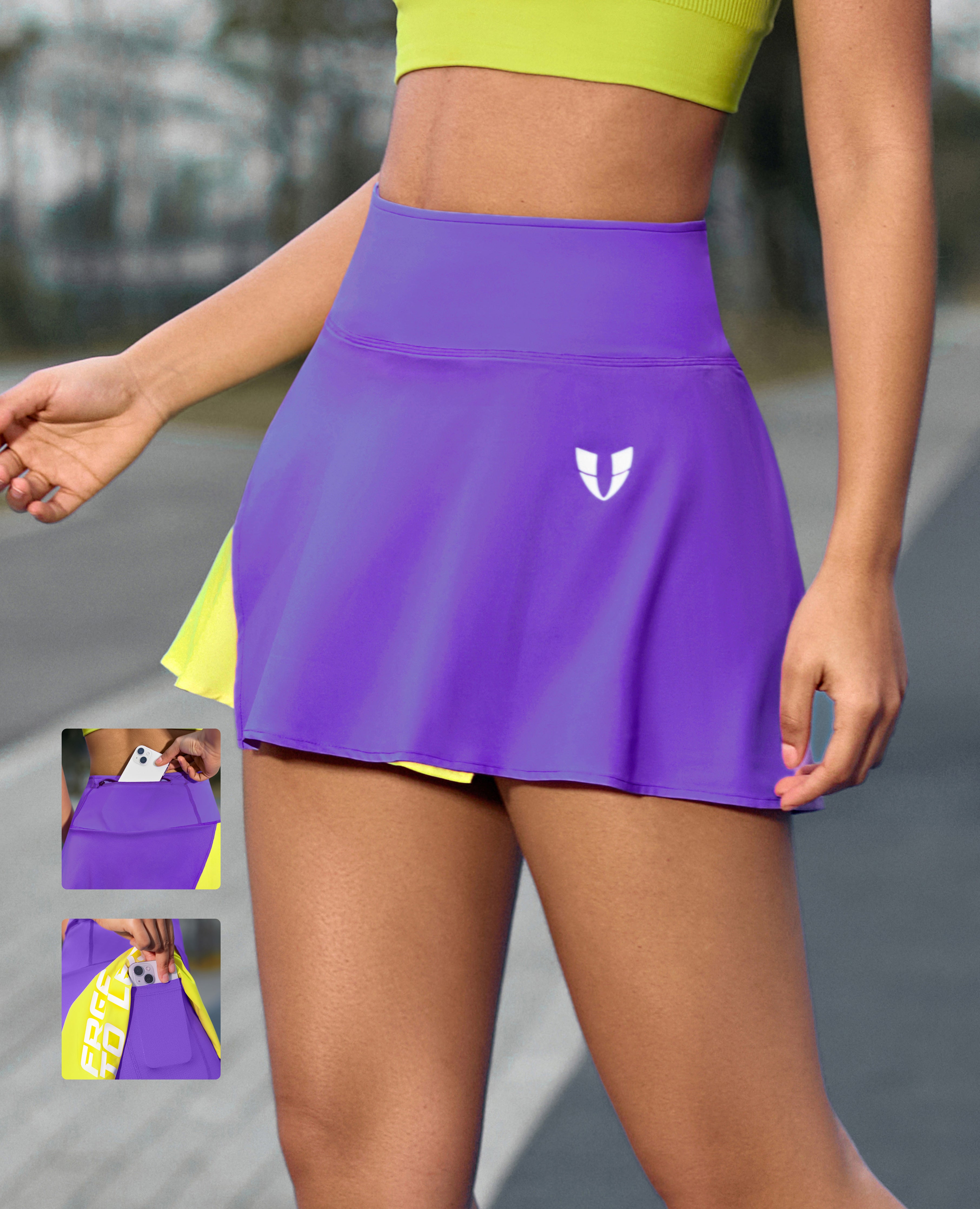 Falda deportiva de contraste con bolsillo trasero - púrpura y amarillo