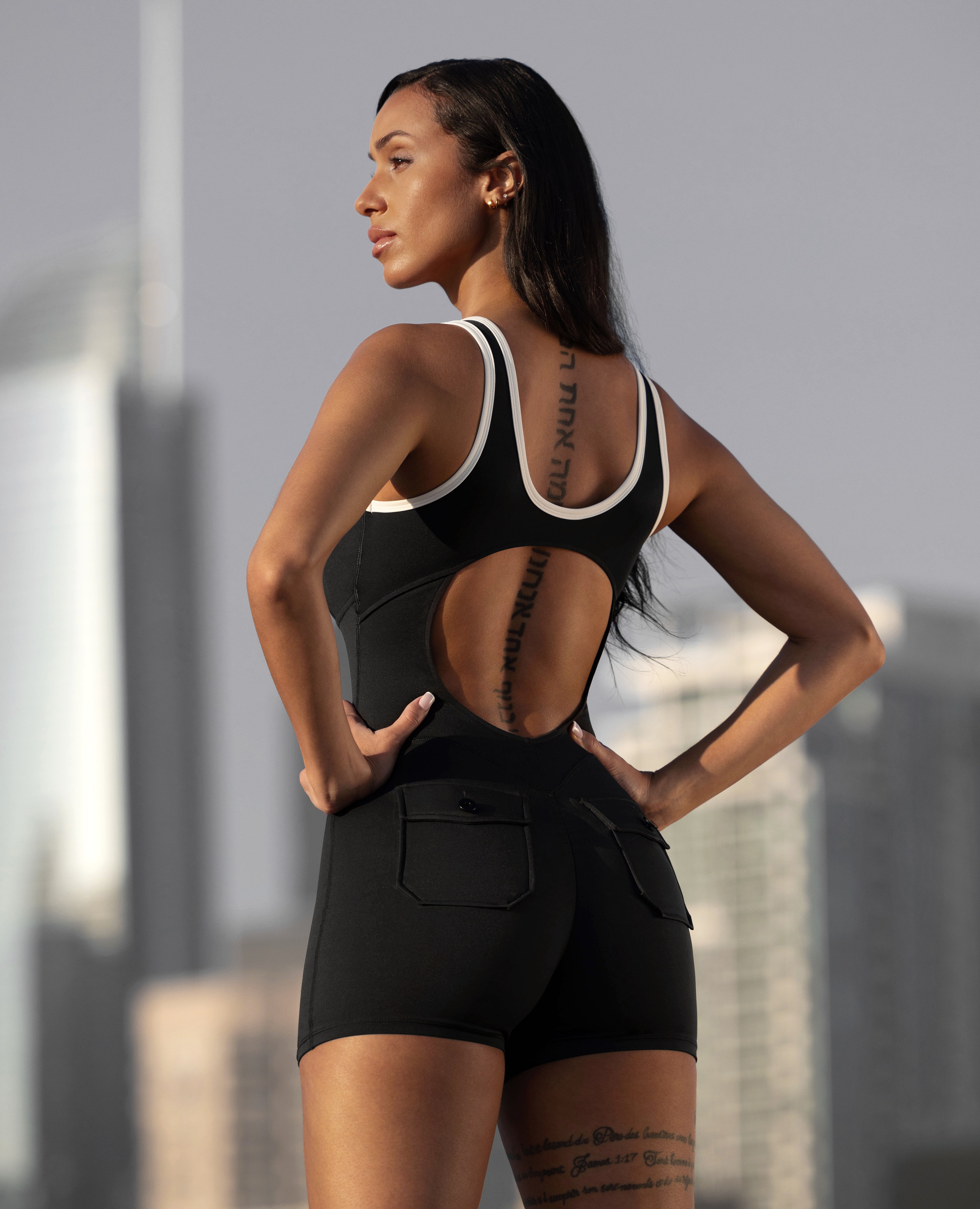 Hollow Pocket Bodysuit Short  - Black