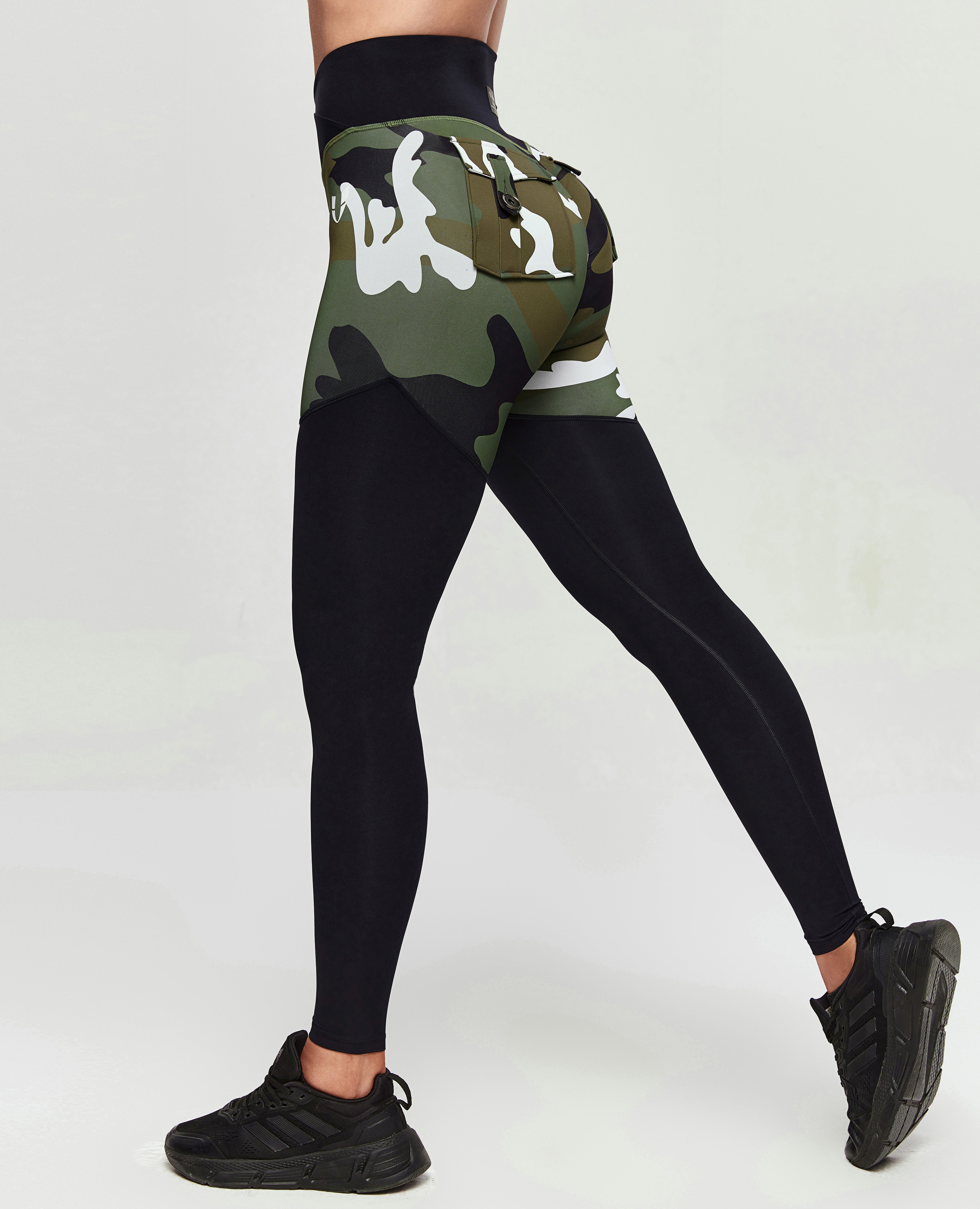 Gym Leggings with V-Waist - White Green Camouflage