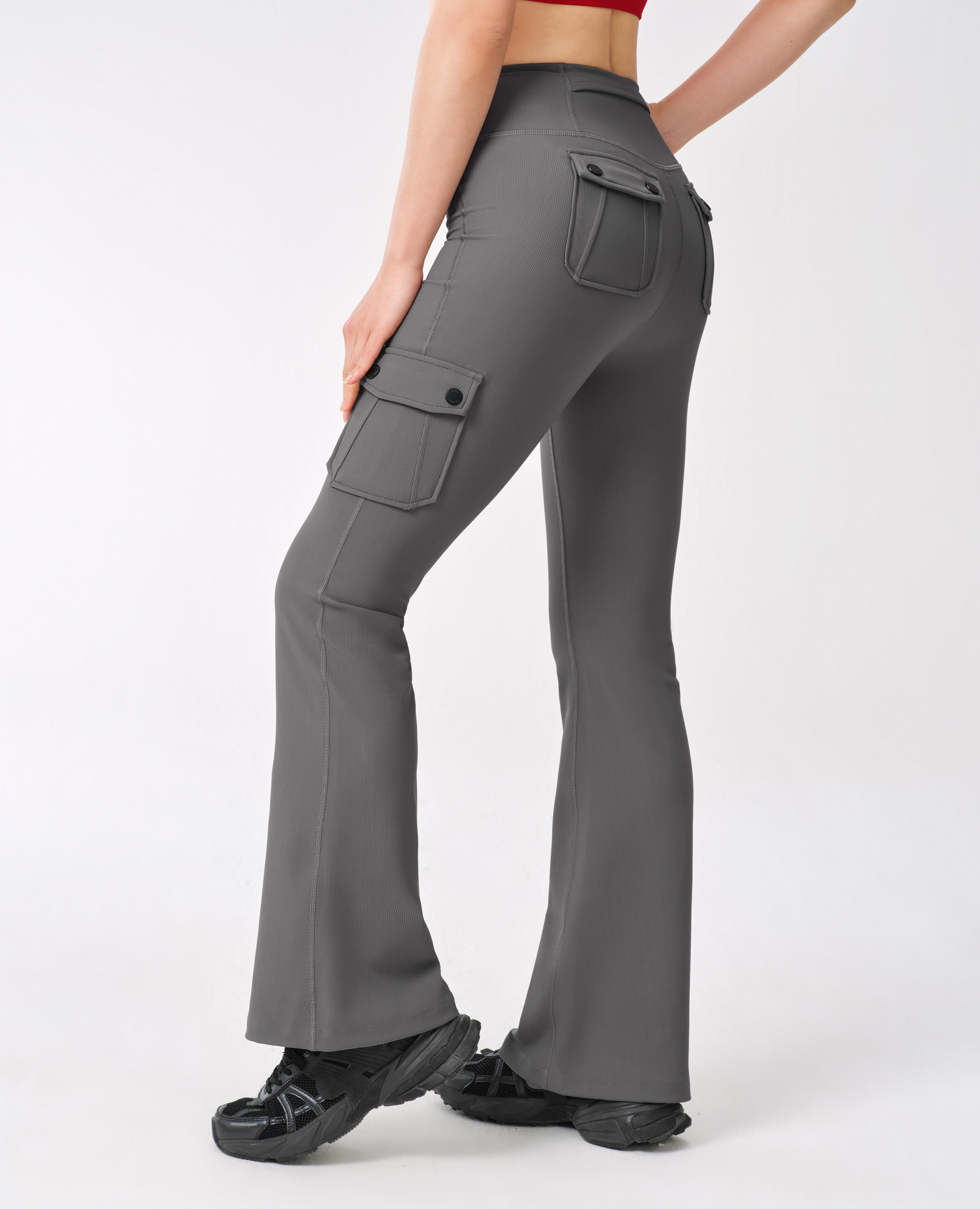 Athletic High Waisted Cargo Flare Leggings - Gray
