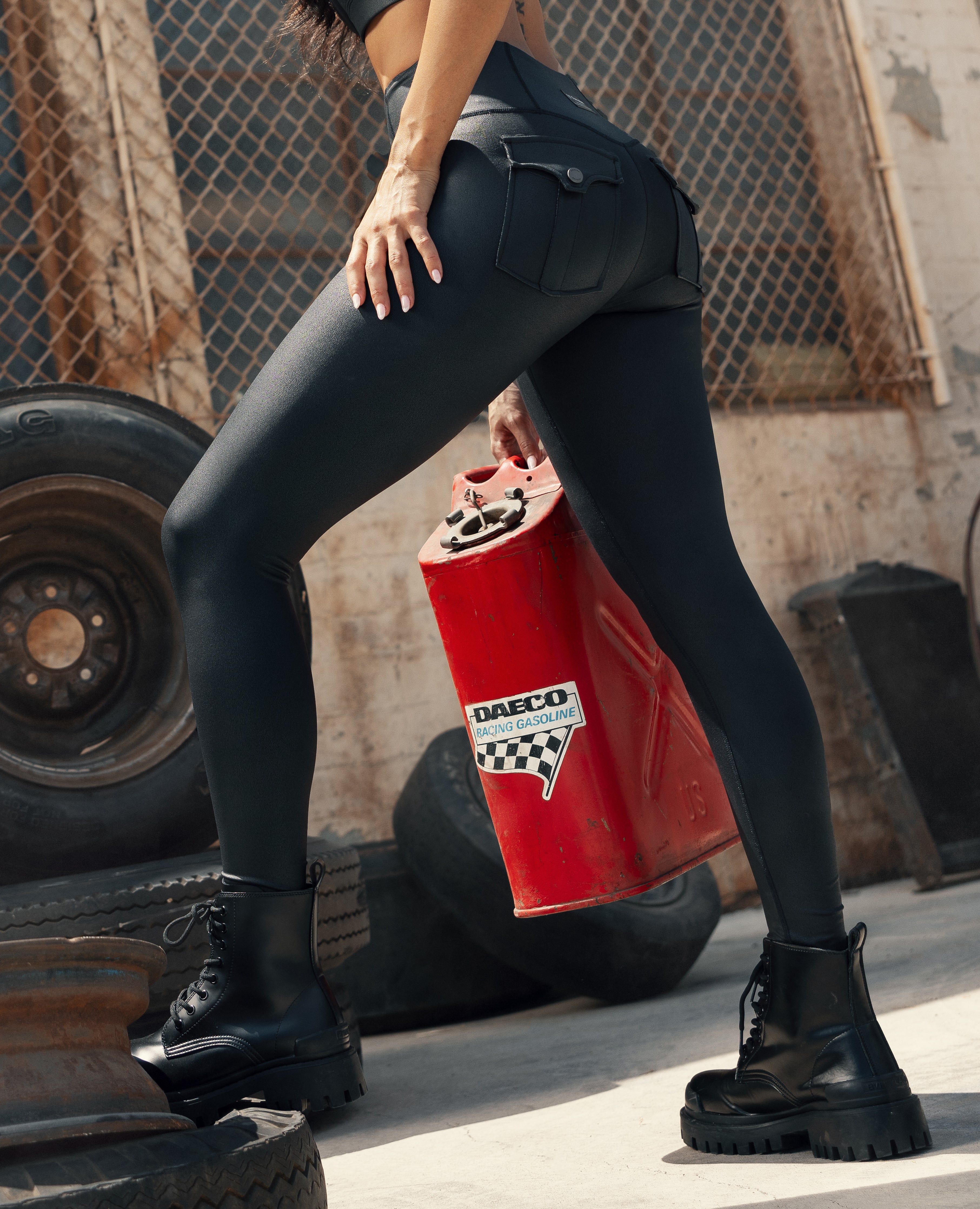 Faux Leather Cargo Power Leggings - Black