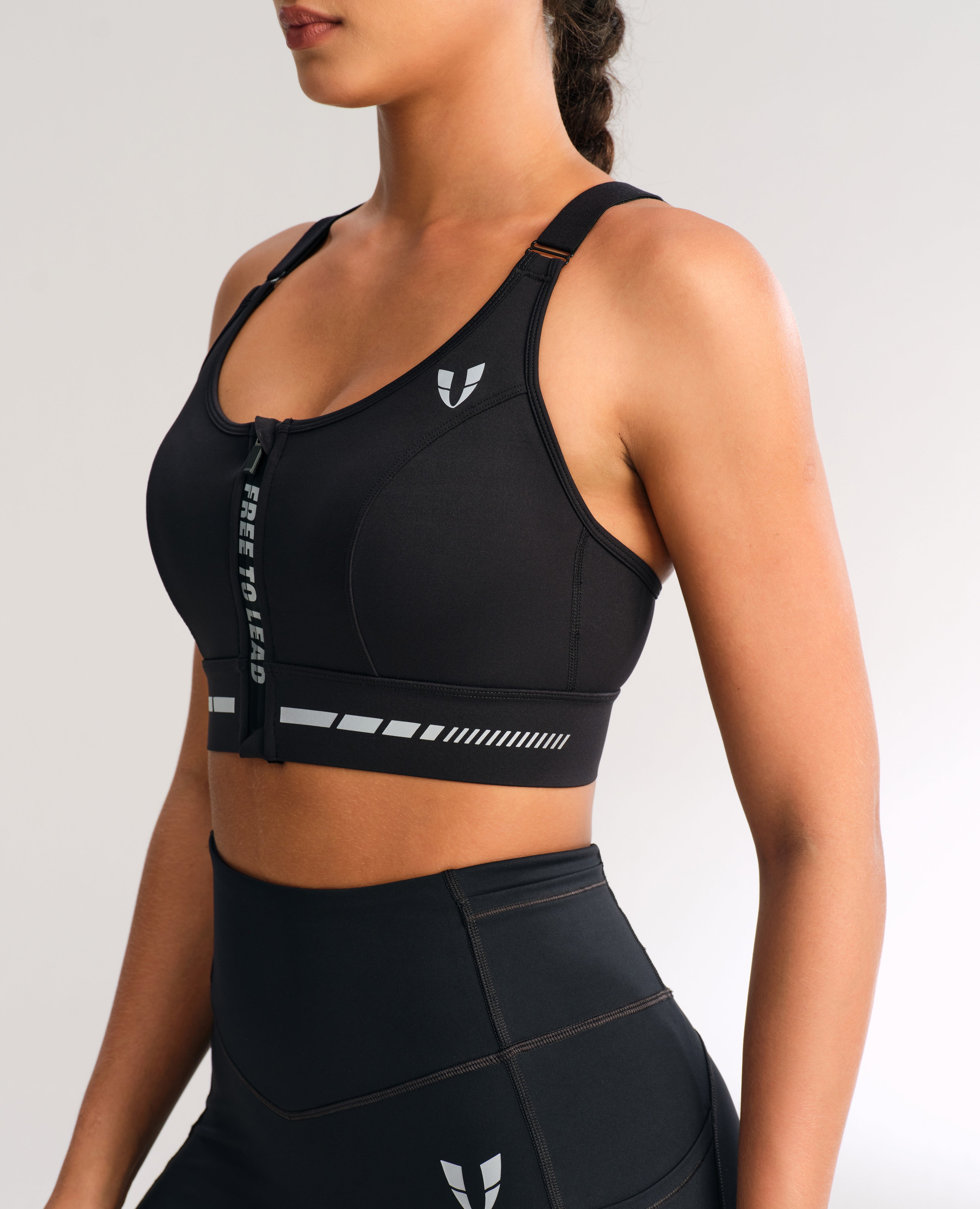 Zip Up High Support Active Bra - Black