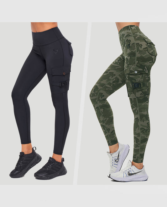 Set – Cargo-Fitness-Leggings – Camouflage + Schwarz