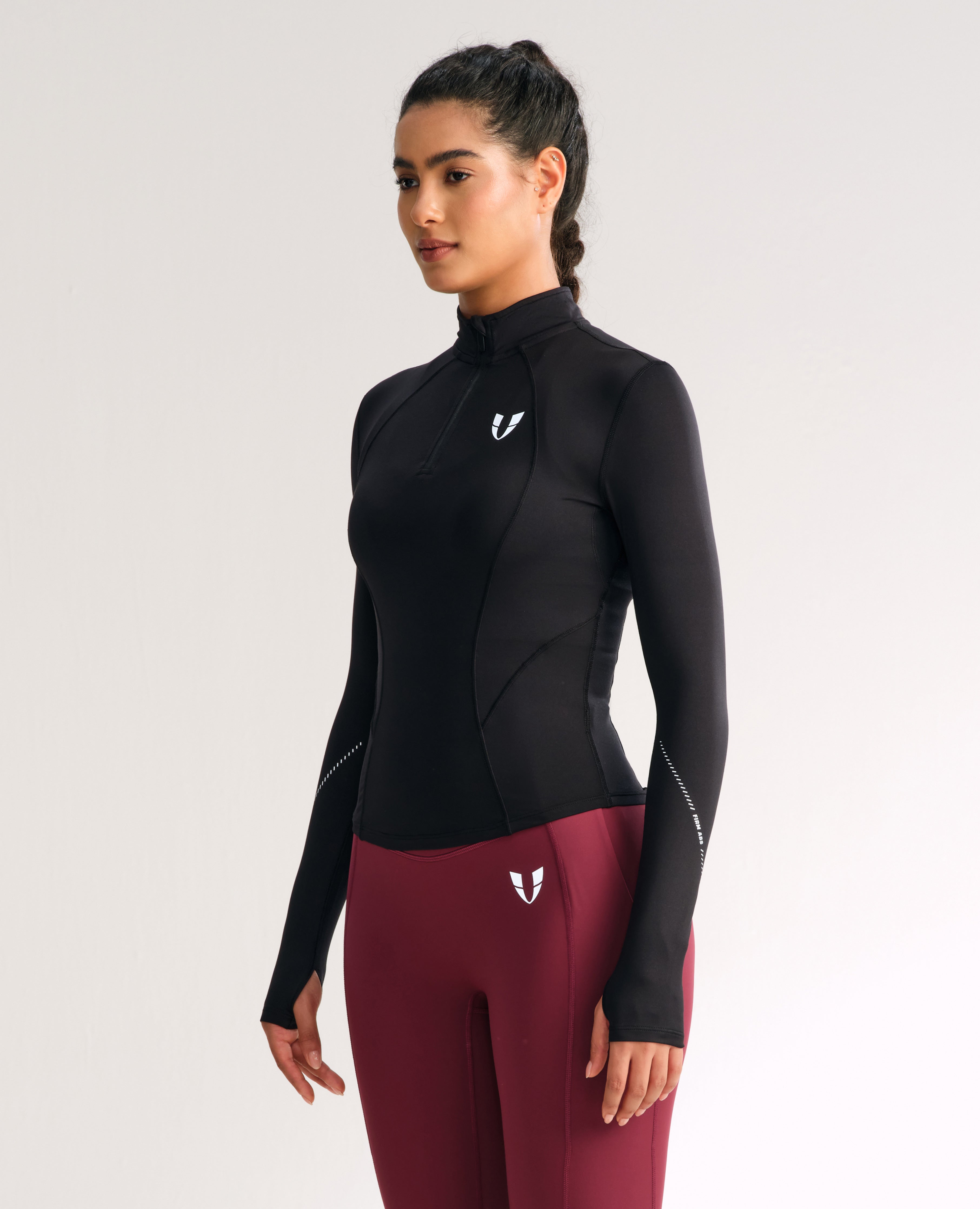 Slim Fit Fleece Half Zip Workout Top - Black
