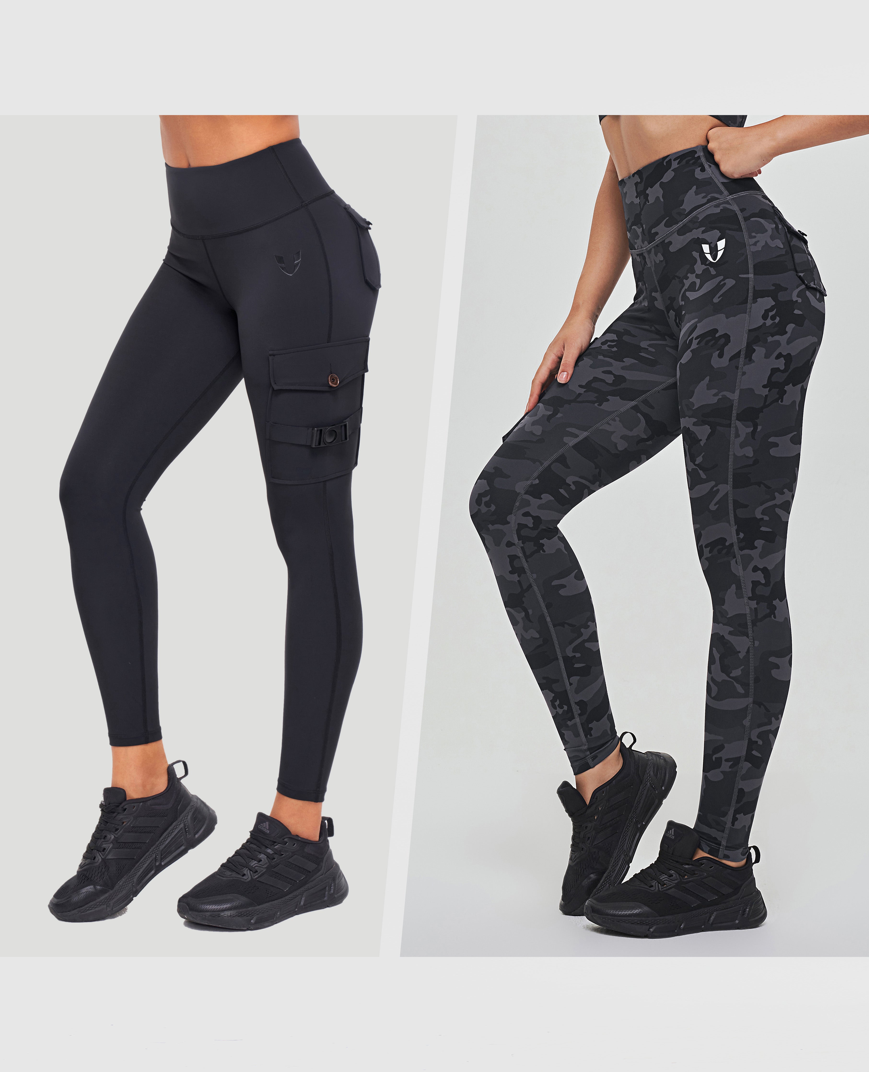 Set – Cargo-Fitness-Leggings – Graues Camouflage + Schwarz