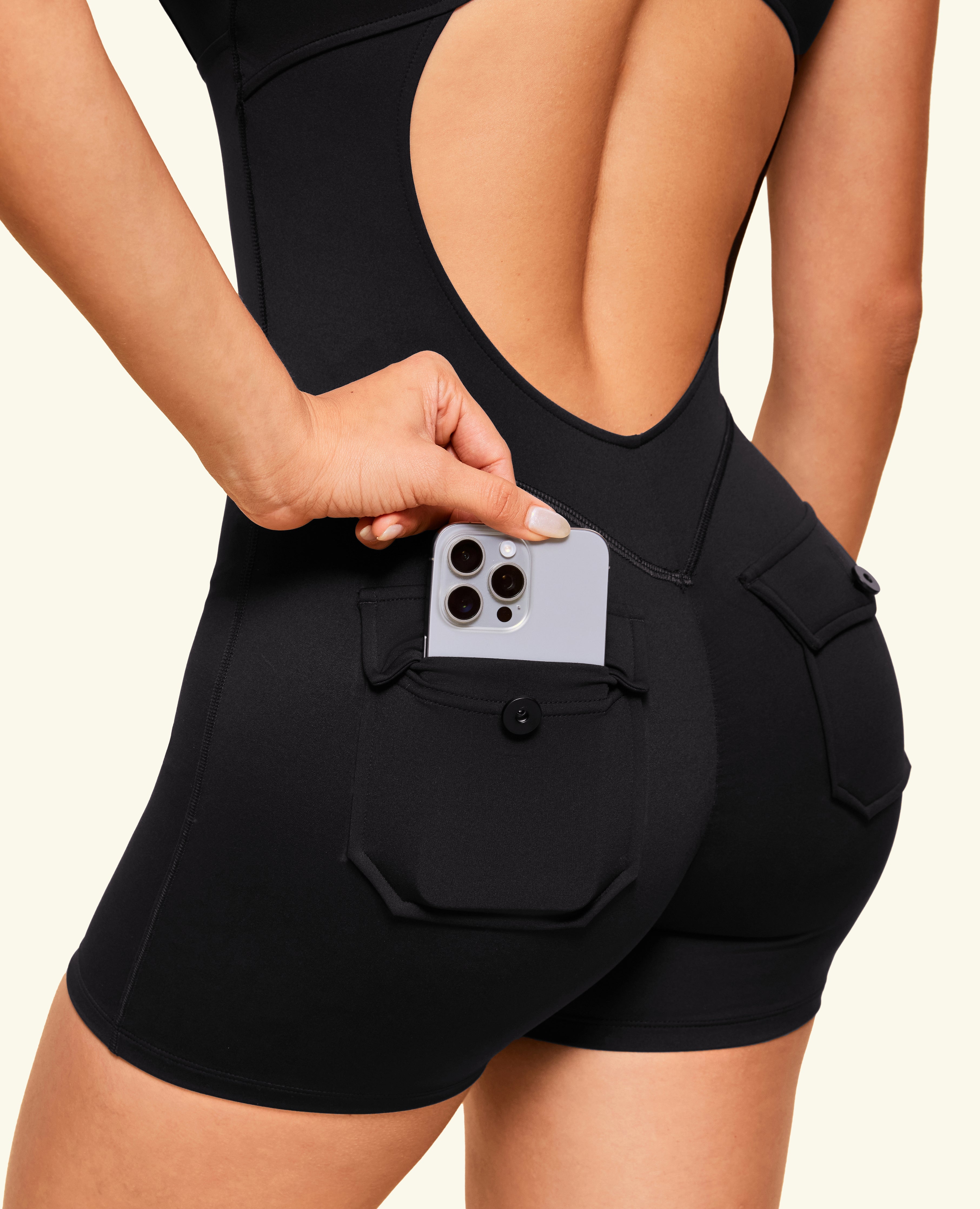 Hollow Pocket Bodysuit Short  - Black