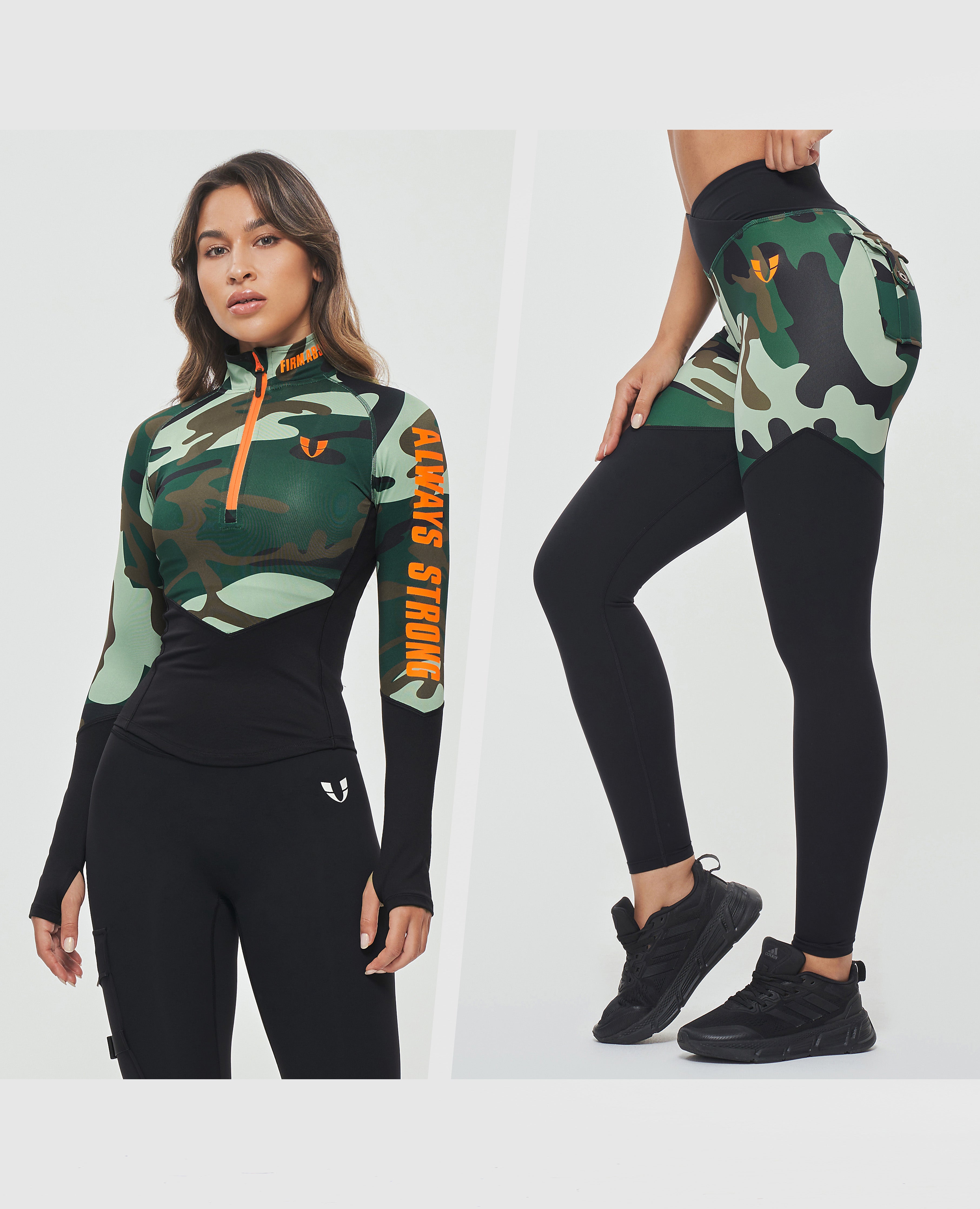 Set – Langärmliges Oberteil mit halbem Reißverschluss und Leggings – Grünes Camouflage