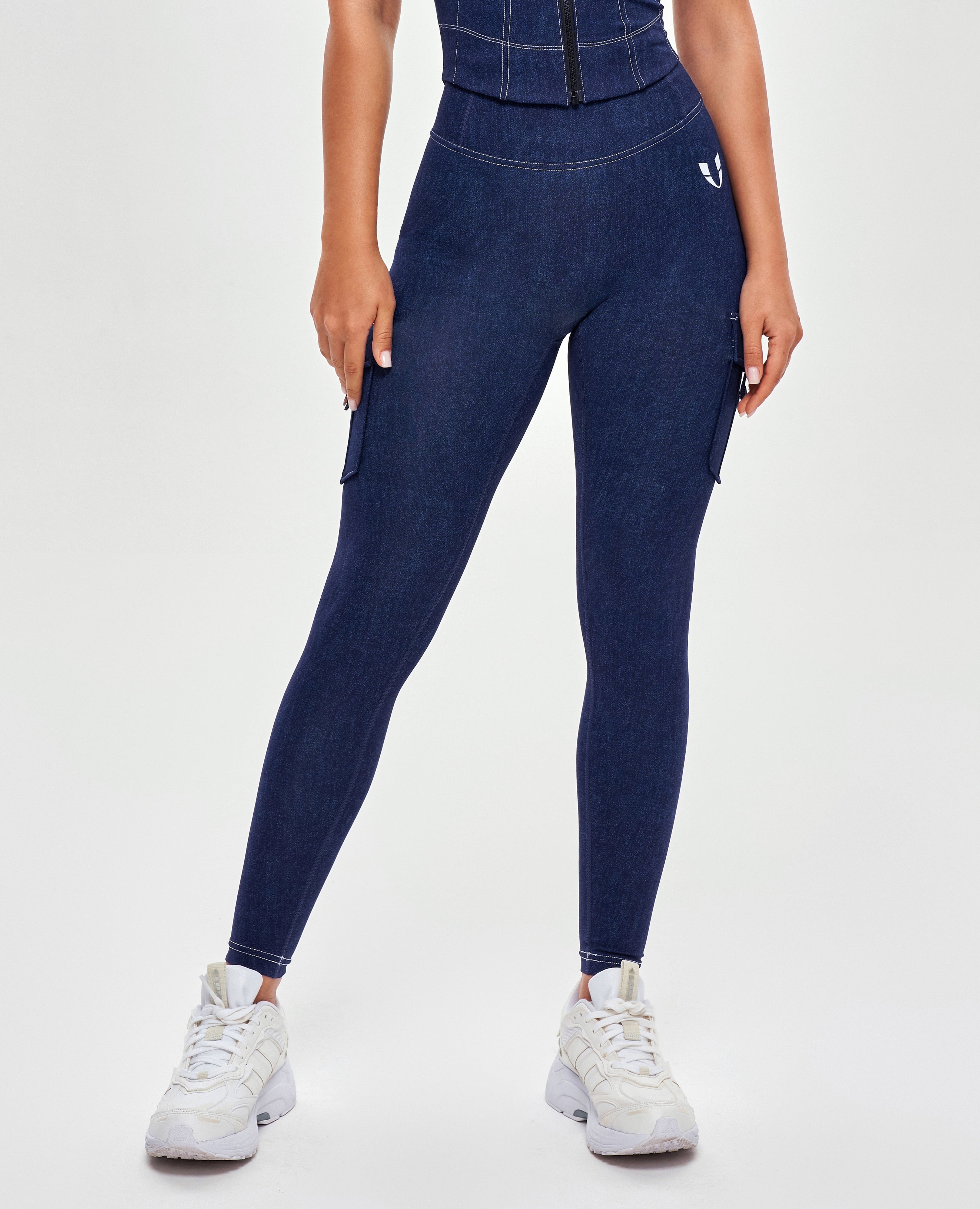 Cargo-Leggings mit hoher Taille – Jeansblau