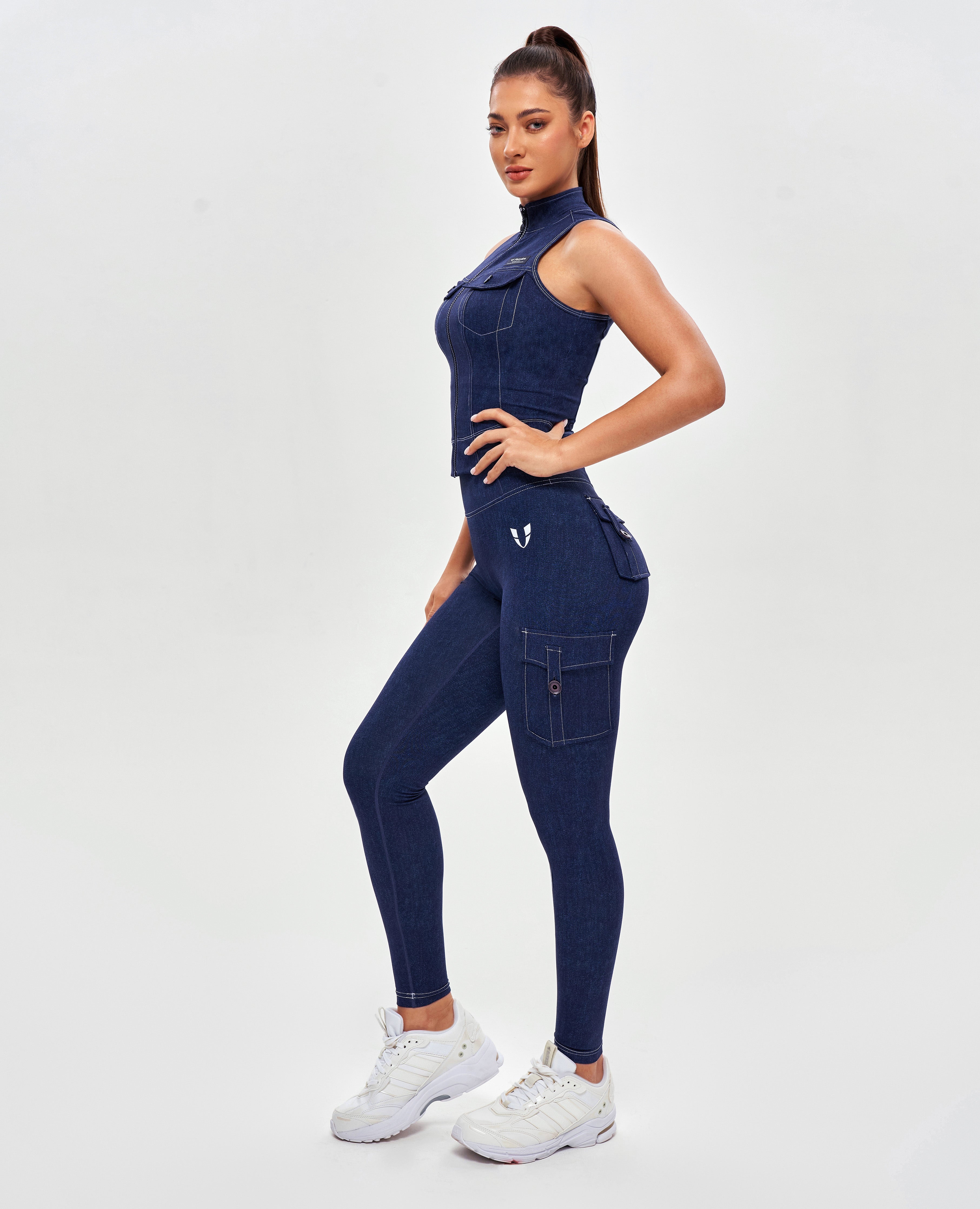 Cargo-Leggings mit hoher Taille – Jeansblau