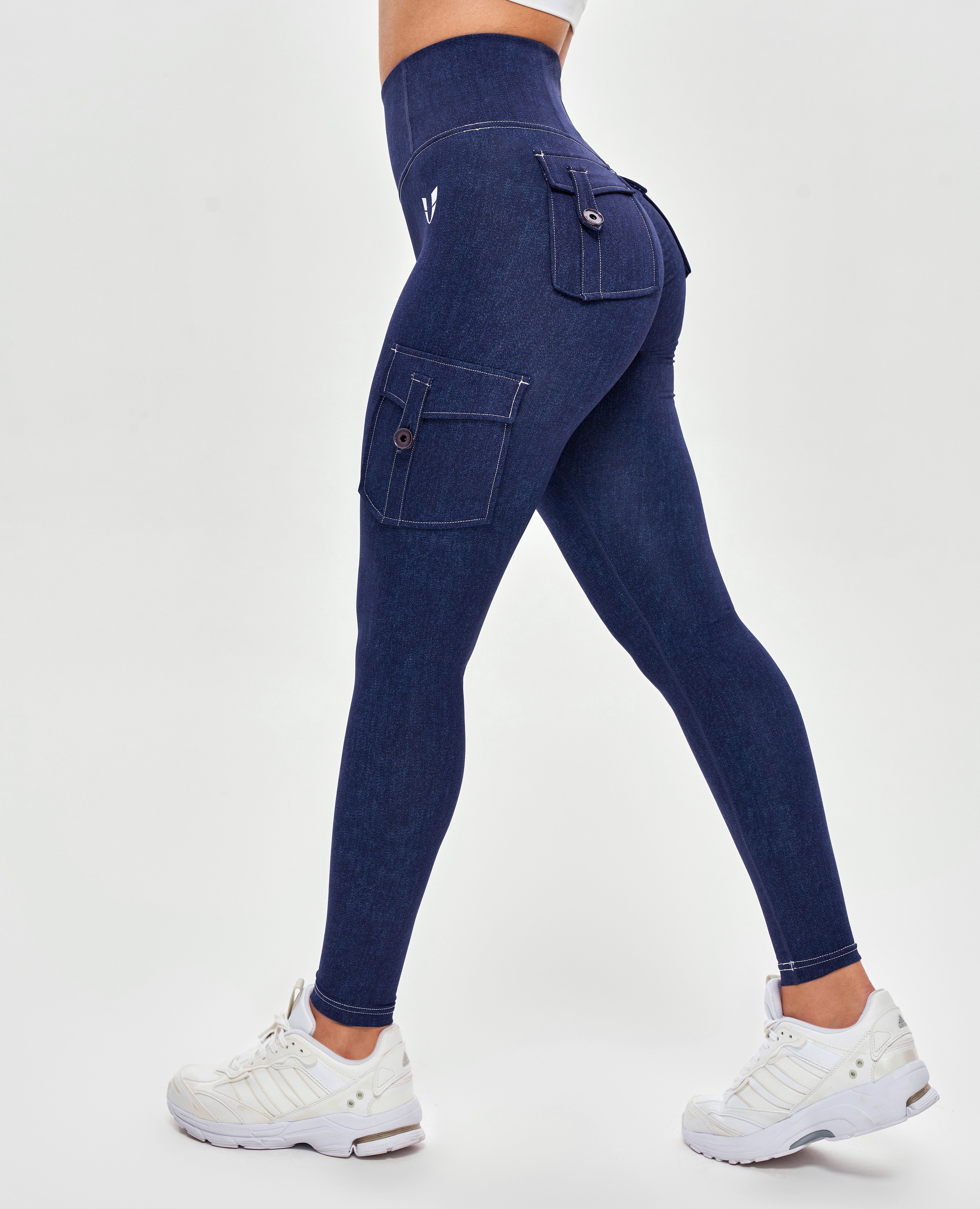 Cargo-Leggings mit hoher Taille – Jeansblau