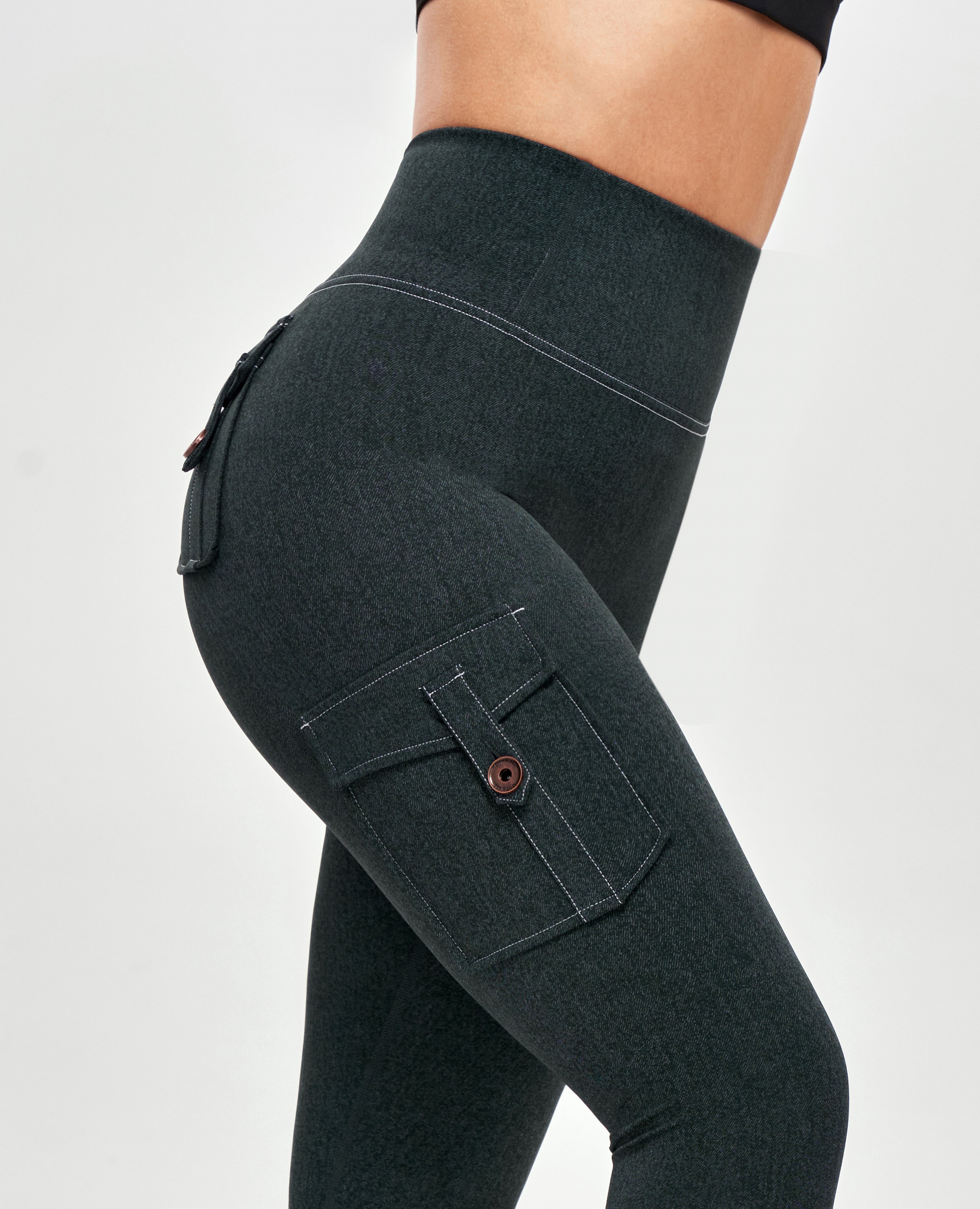 Cargo-Leggings mit hoher Taille – Jeansgrün