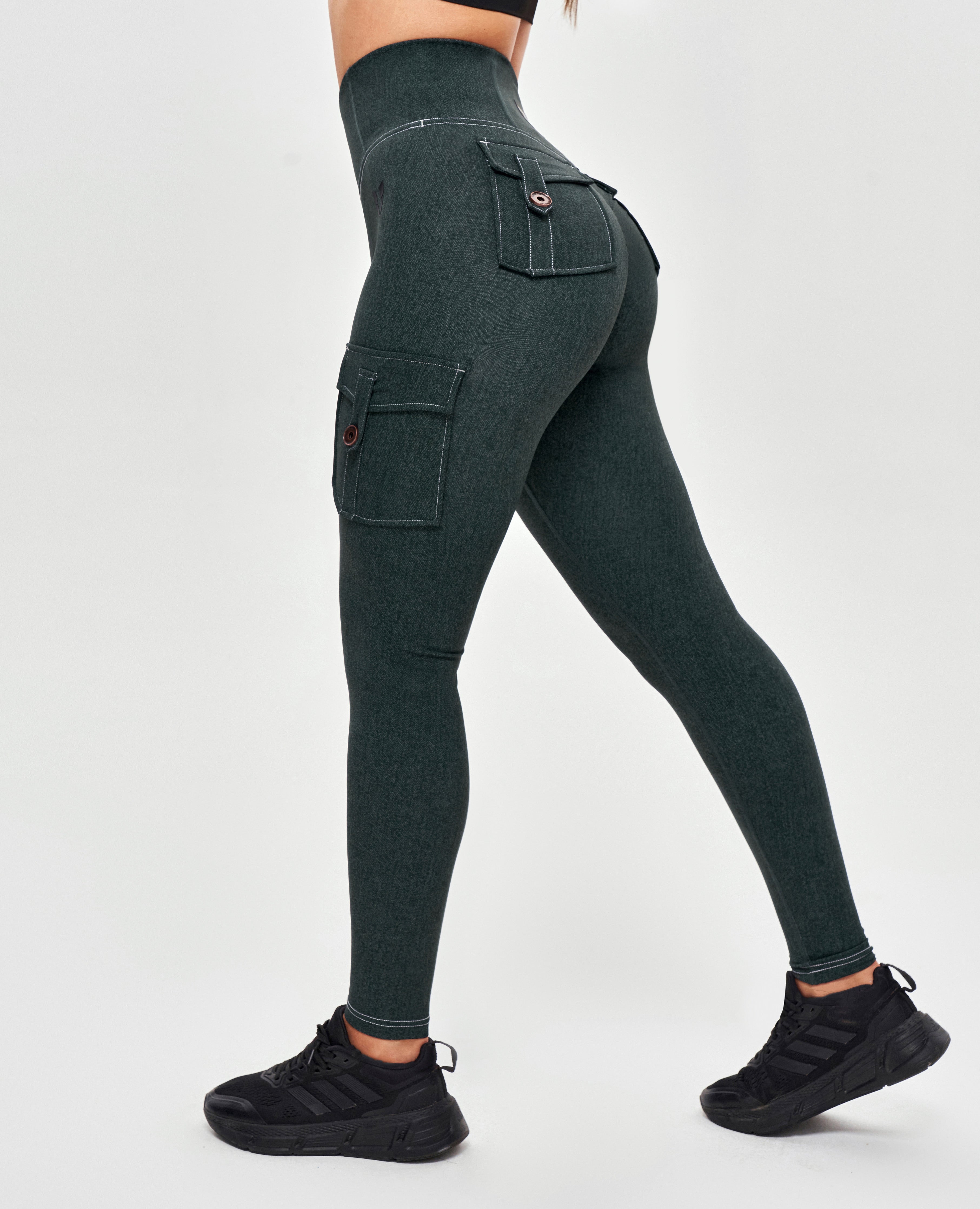 Cargo-Leggings mit hoher Taille – Jeansgrün