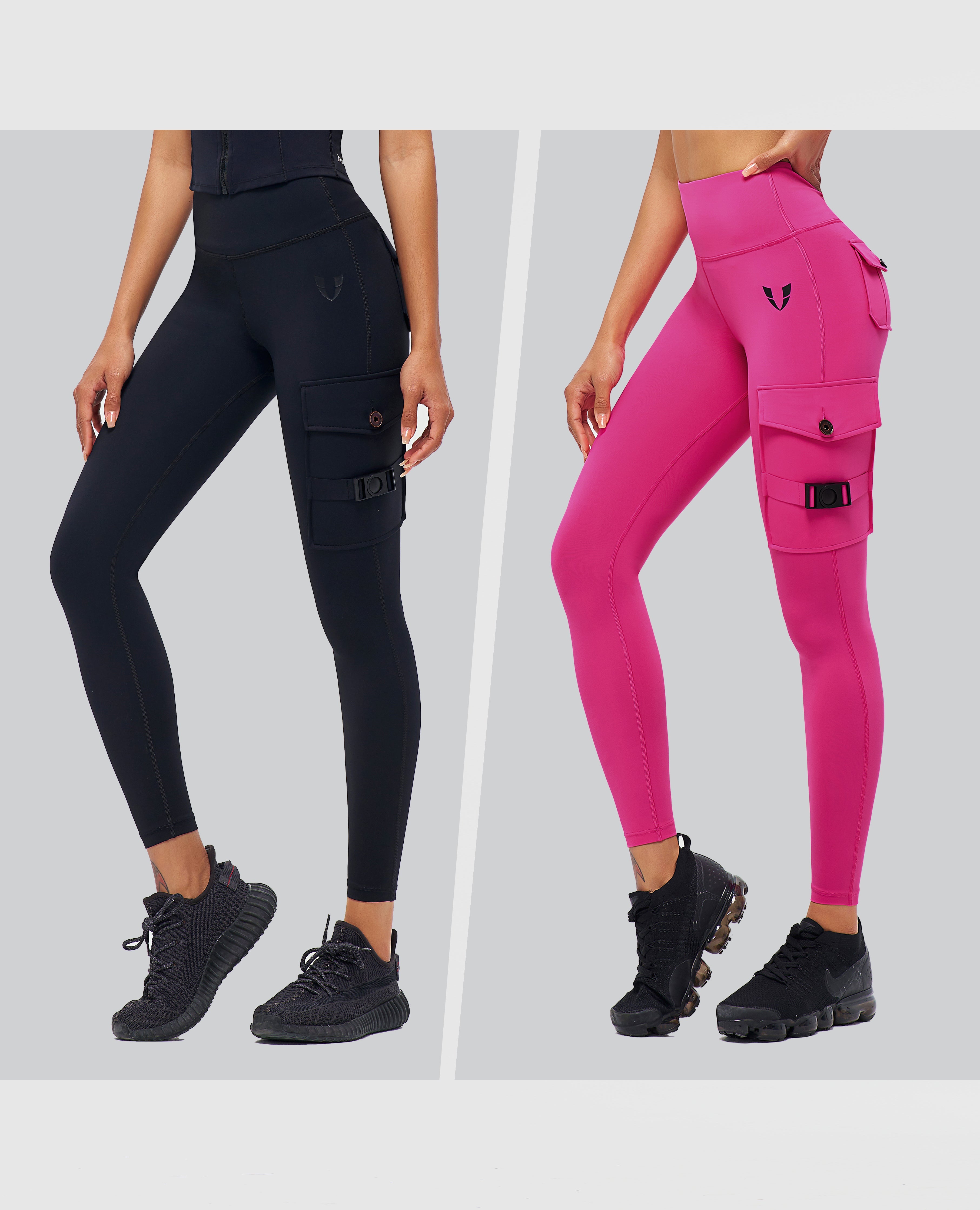 Cargo Fitness Leggings 2-teilig Schwarz + Fuchsia