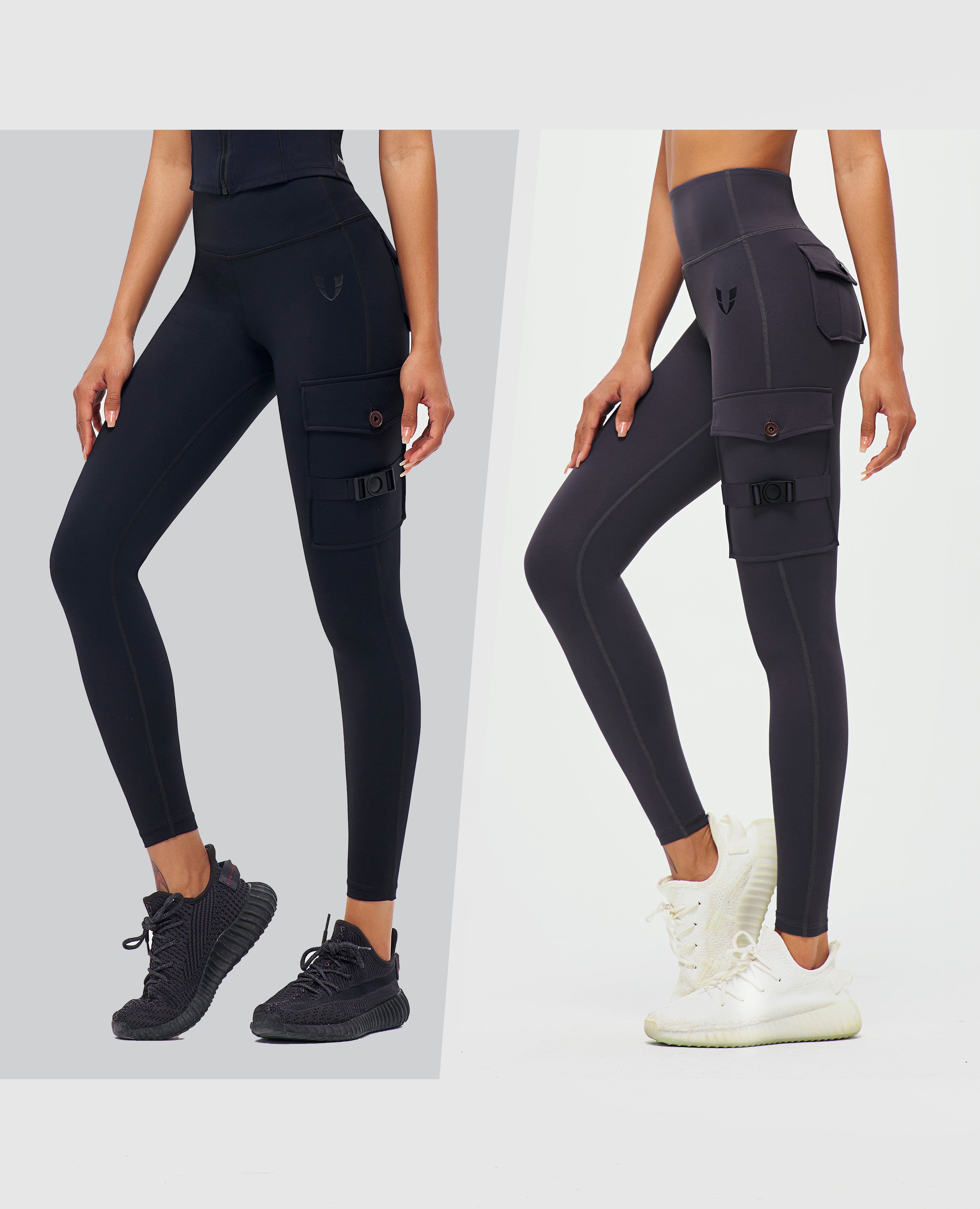 Cargo Fitness Leggings 2-teilig Schwarz + Grau