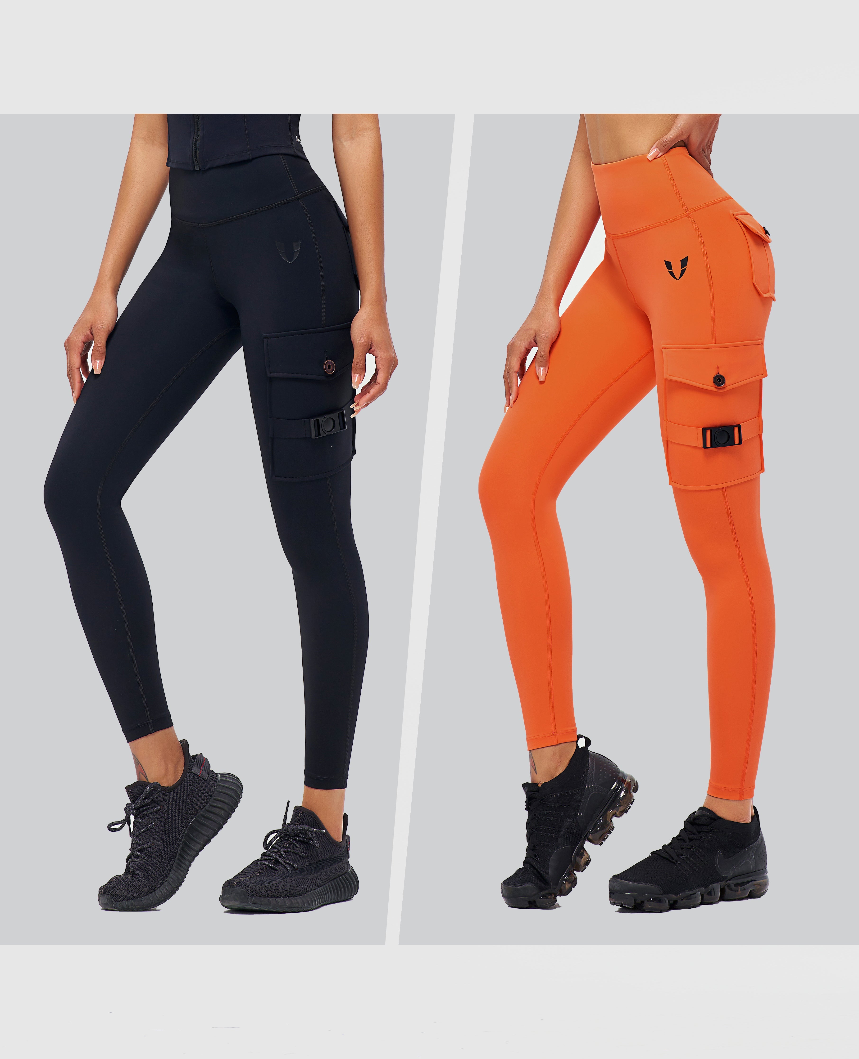 Cargo Fitness Leggings 2-teilig Schwarz + Orange