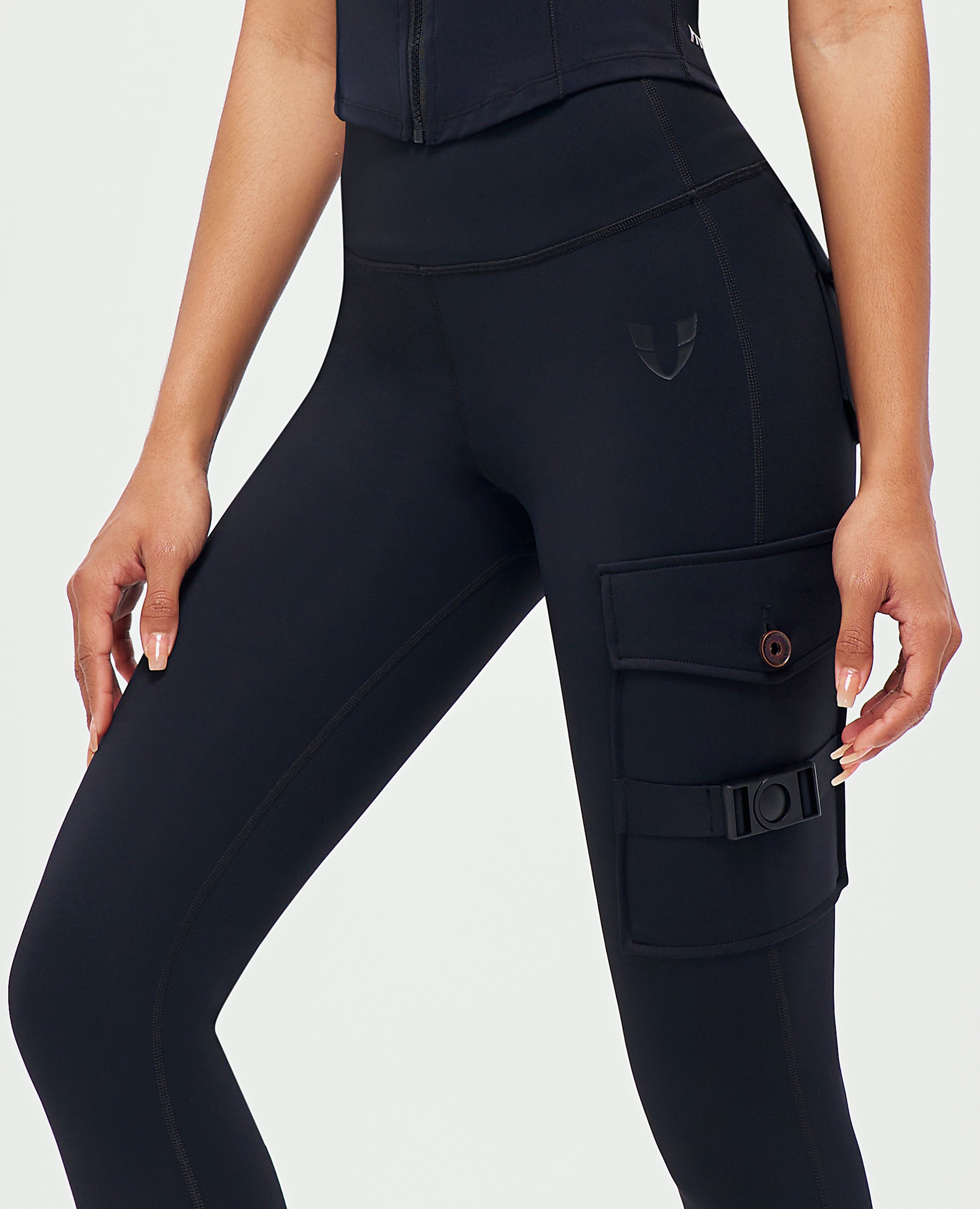 Cargo Fitness Leggings 2-teilig Schwarz + Fuchsia