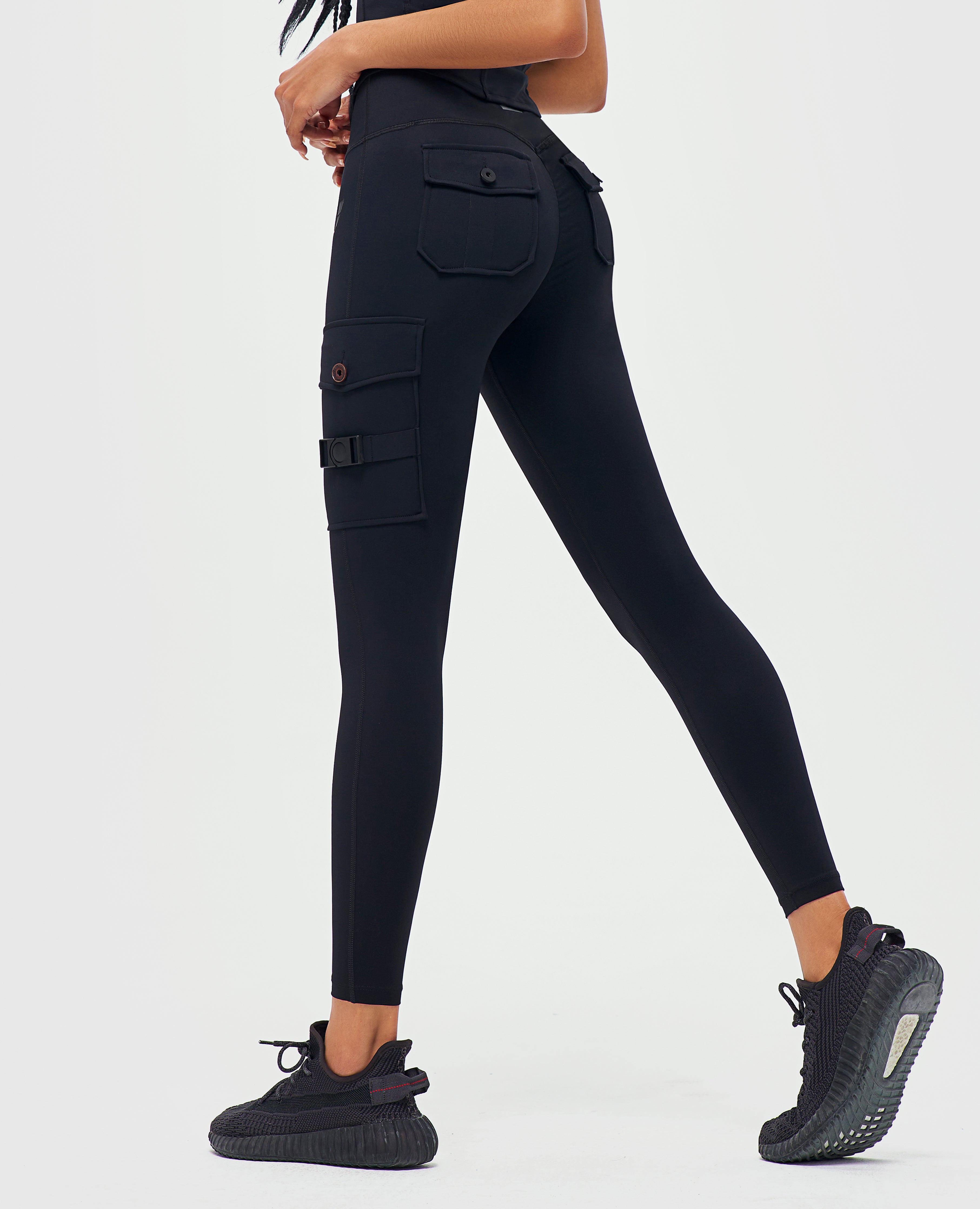 Cargo Fitness Leggings 2-teilig Schwarz + Orange