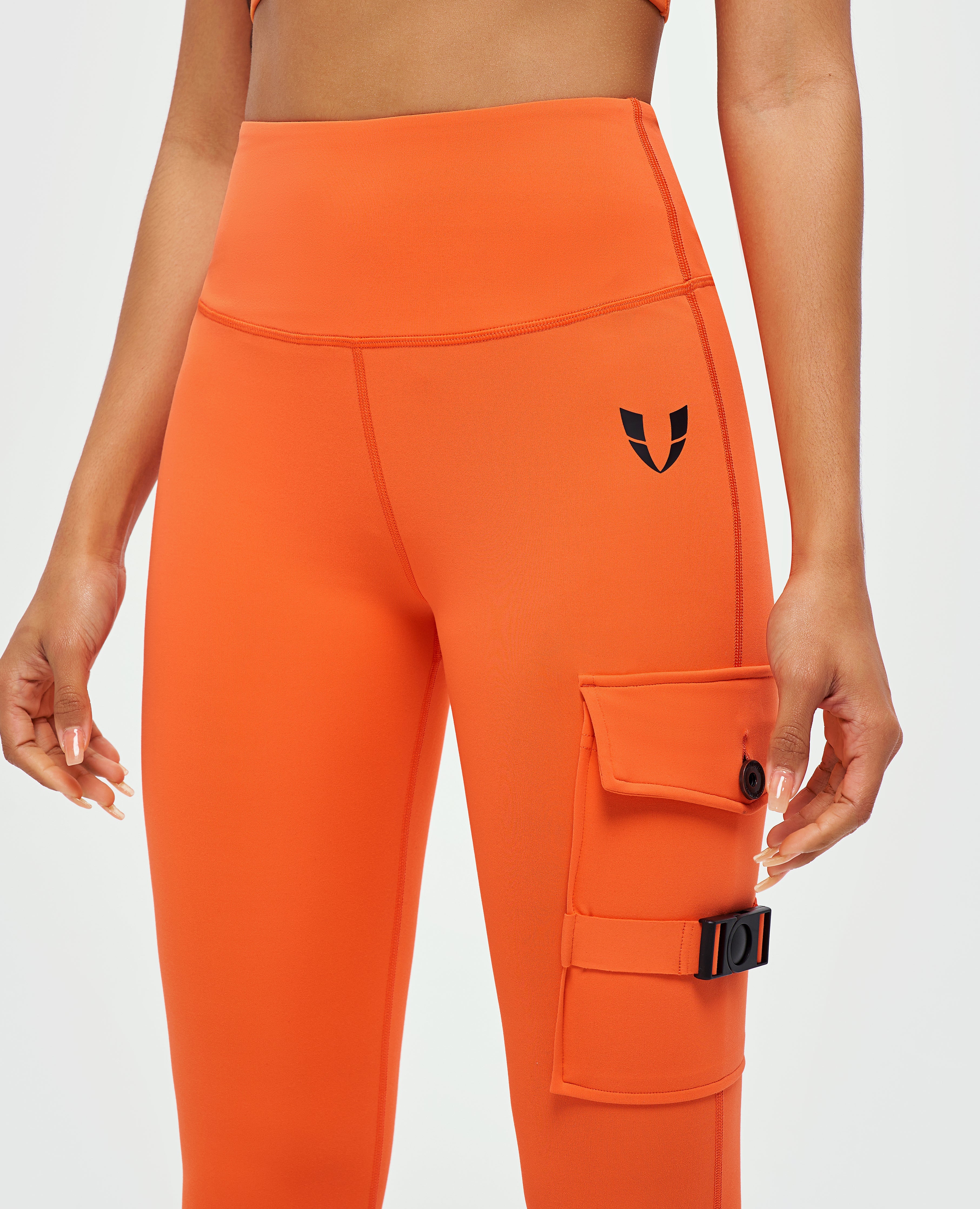 Cargo Fitness Leggings 2-teilig Schwarz + Orange