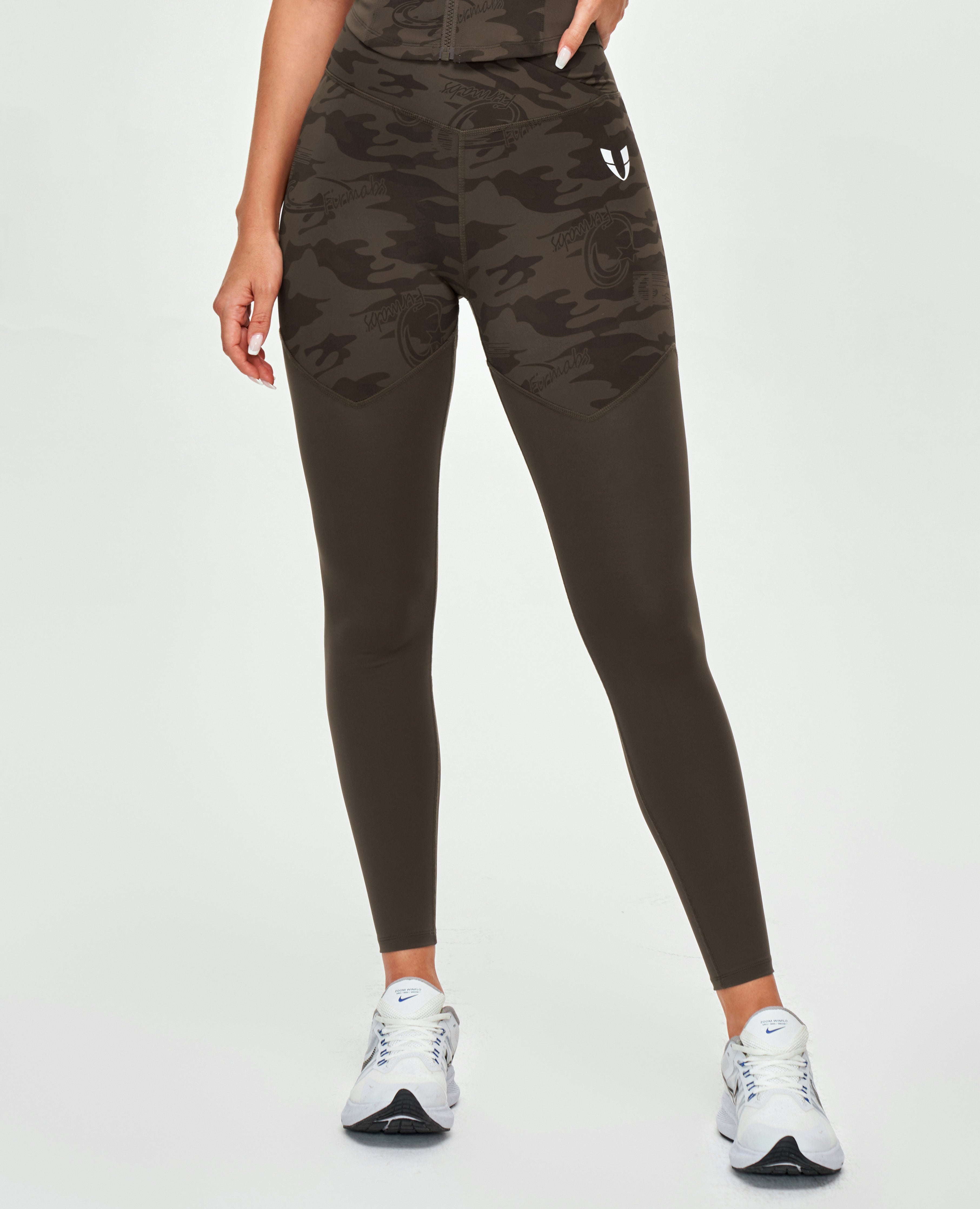 Gymnastik-Leggings mit V-Taille – Braunes Camouflage